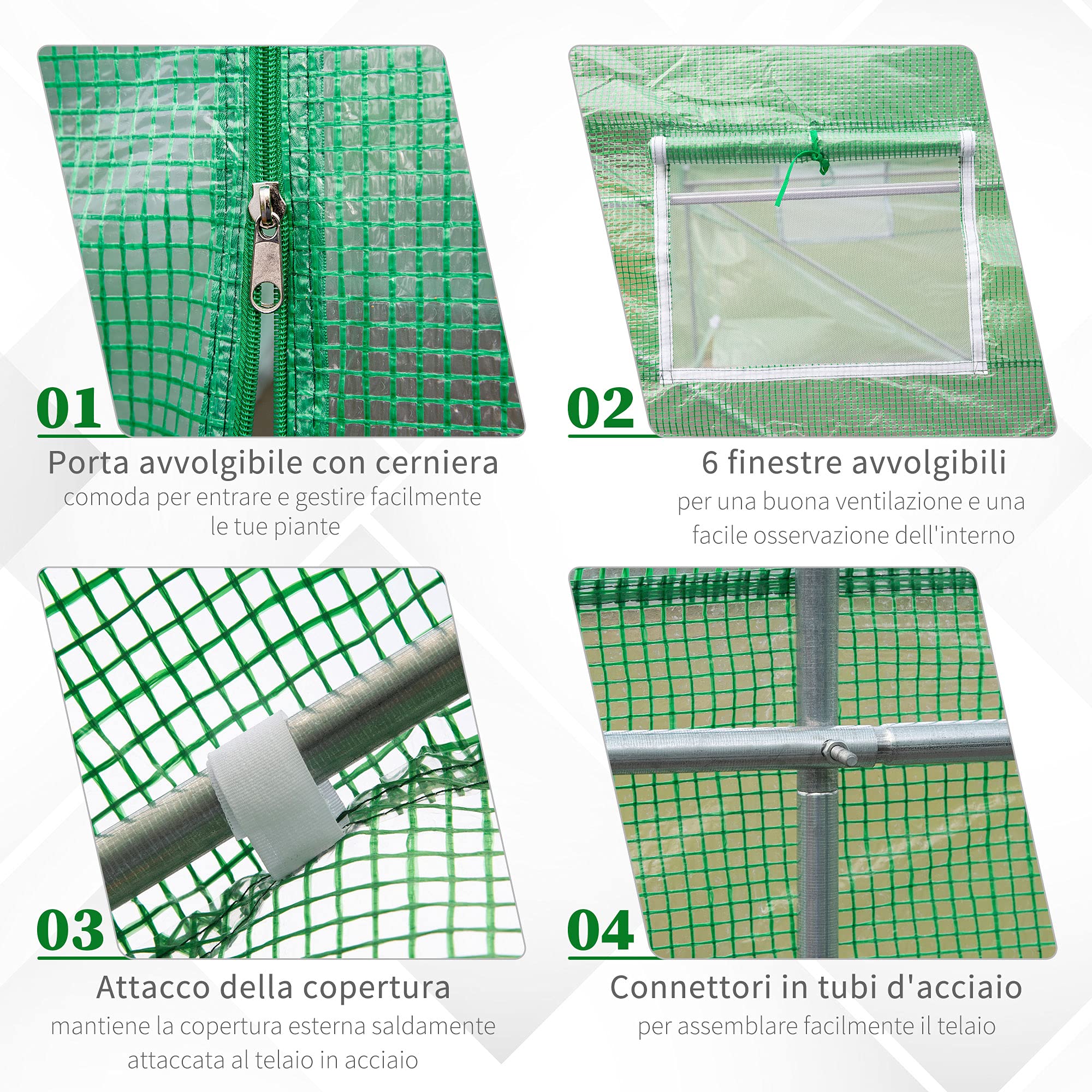 Outsunny Serra da Giardino a Tunnel con Porta Avvolgibile, 6 Finestre e Tetto a Spiovente, Serra per Orto in PE per Piante, 3.5x3x2 m, Verde Scuro