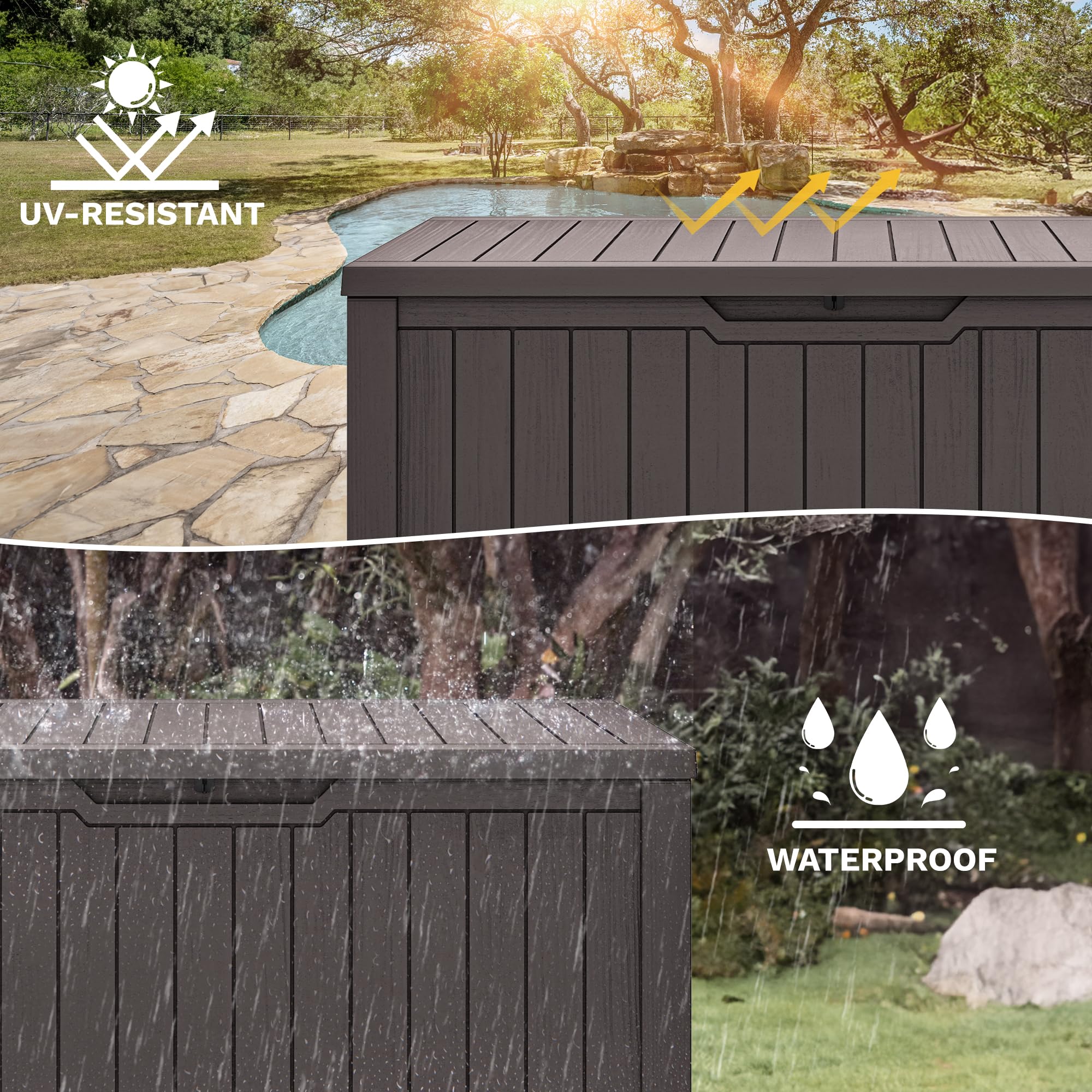 DWVO Scatola portaoggetti da giardino per esterni, 450 l, 142,1 x 67,6 x 60 cm, impermeabile, con serratura sicura, maniglie per il trasporto laterali, resistente a tutte le intemperie, scatola in