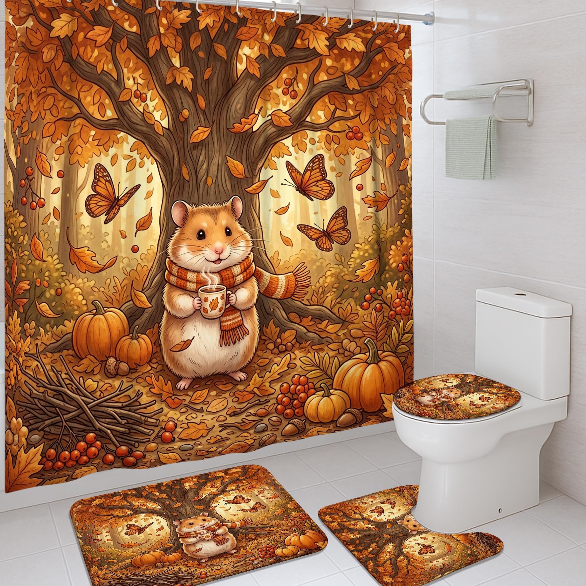 Rideau de douche hamster et automne 183x183 cm avec tapis de bain orange