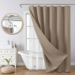 All-in-One Bathroom Shower Curtain Set Enhanced 3D Waffle Weave Fabric Shower Curtain with PEVA Waterproof Liner & 12 Upgraded Anti-Fall Hooks 256GSM Heavy Duty 72" x 72" (Khaki)