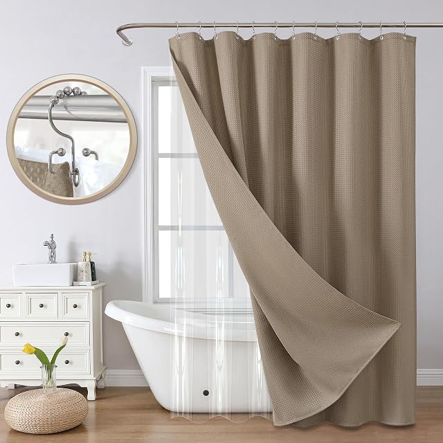 All-in-One Bathroom Shower Curtain Set Enhanced 3D Waffle Weave Fabric Shower Curtain with PEVA Waterproof Liner & 12 Upgraded Anti-Fall Hooks 256GSM Heavy Duty 72" x 72" (Khaki)