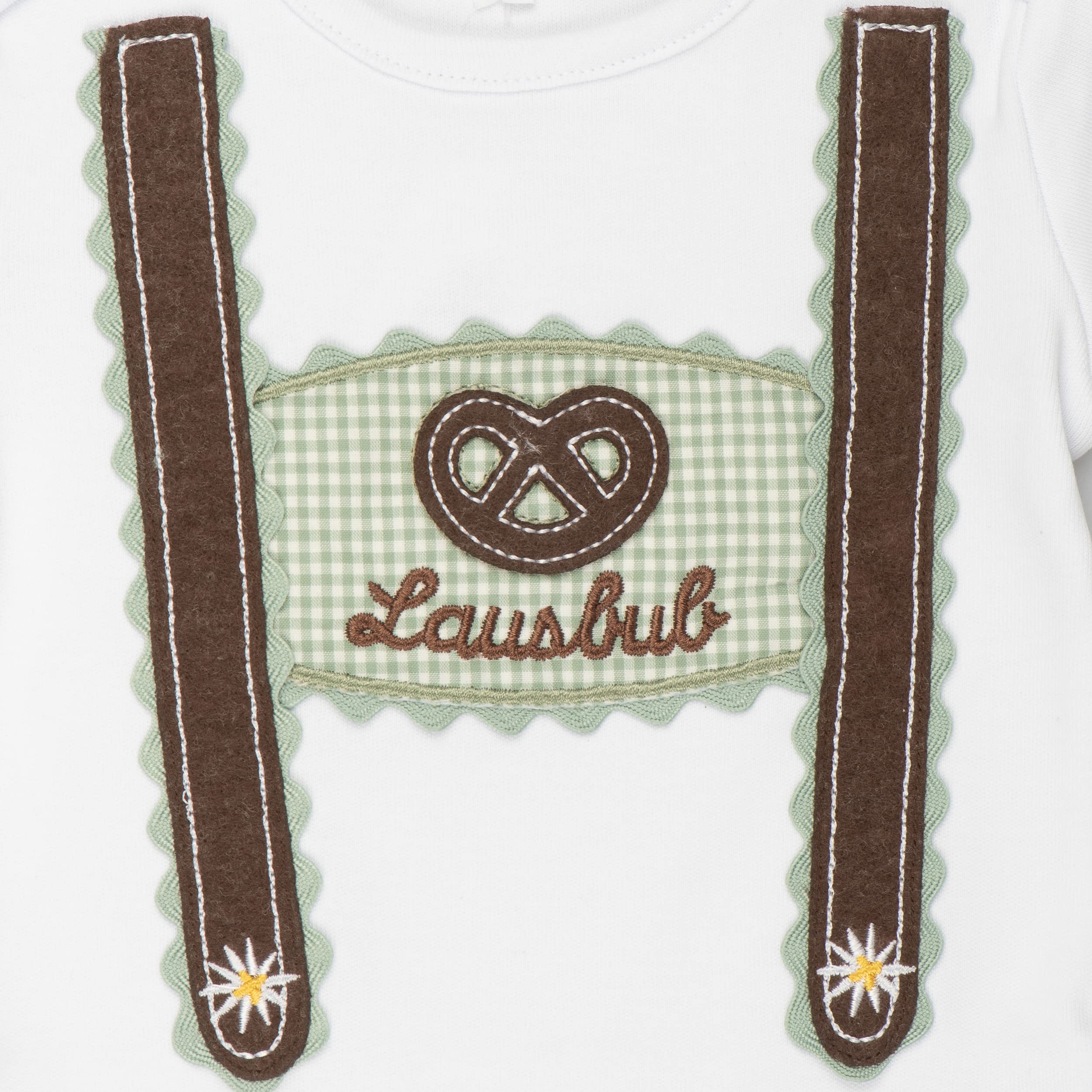 Trachten Set für Lausbuben im Geschenkkarton: Baby Body mit kurzem Arm und Applikation Hosenträger und Baby Jogginghose Lederhosen Look, braun/grün