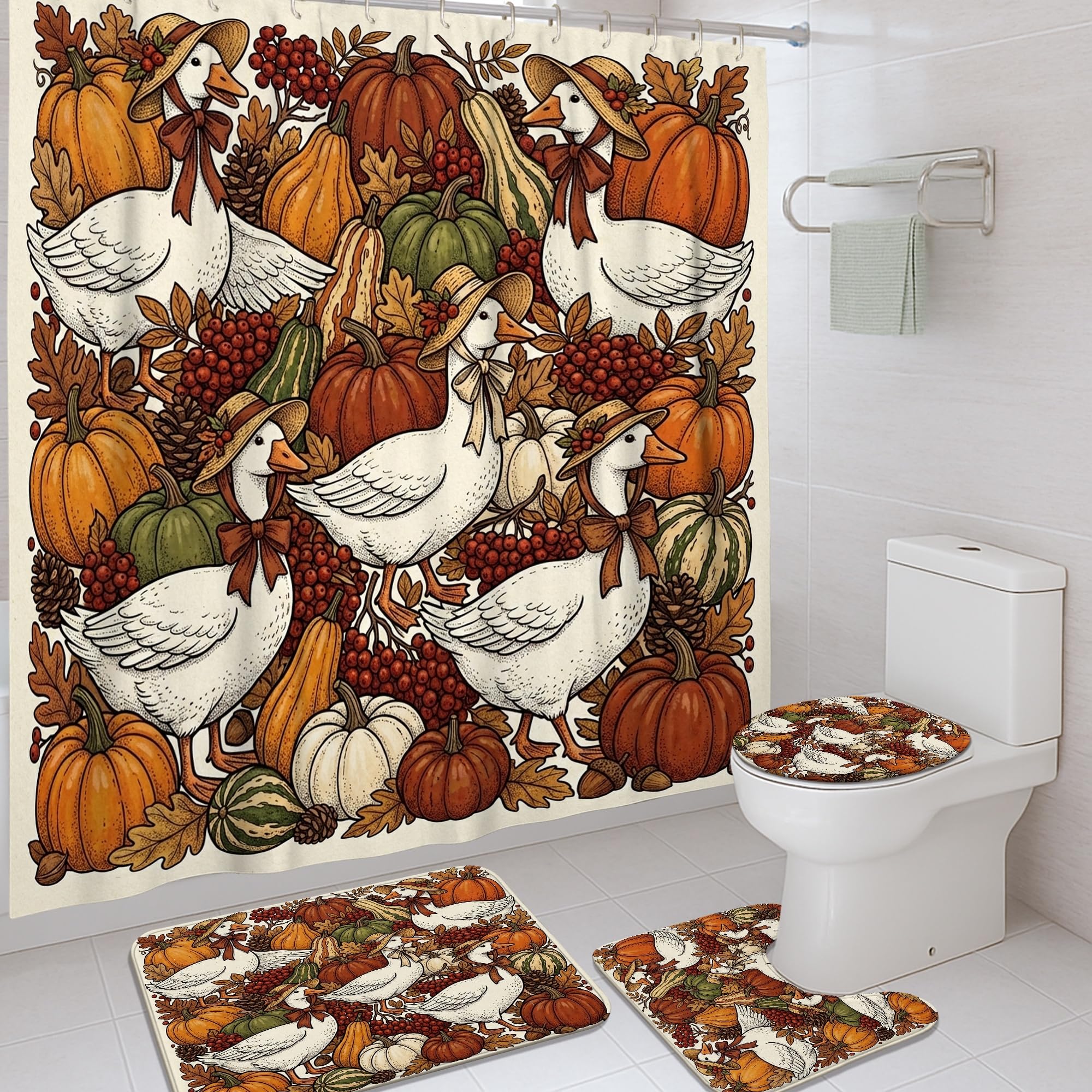 Rideau de douche 183x183 cm orange avec tapis de bain décoratifs