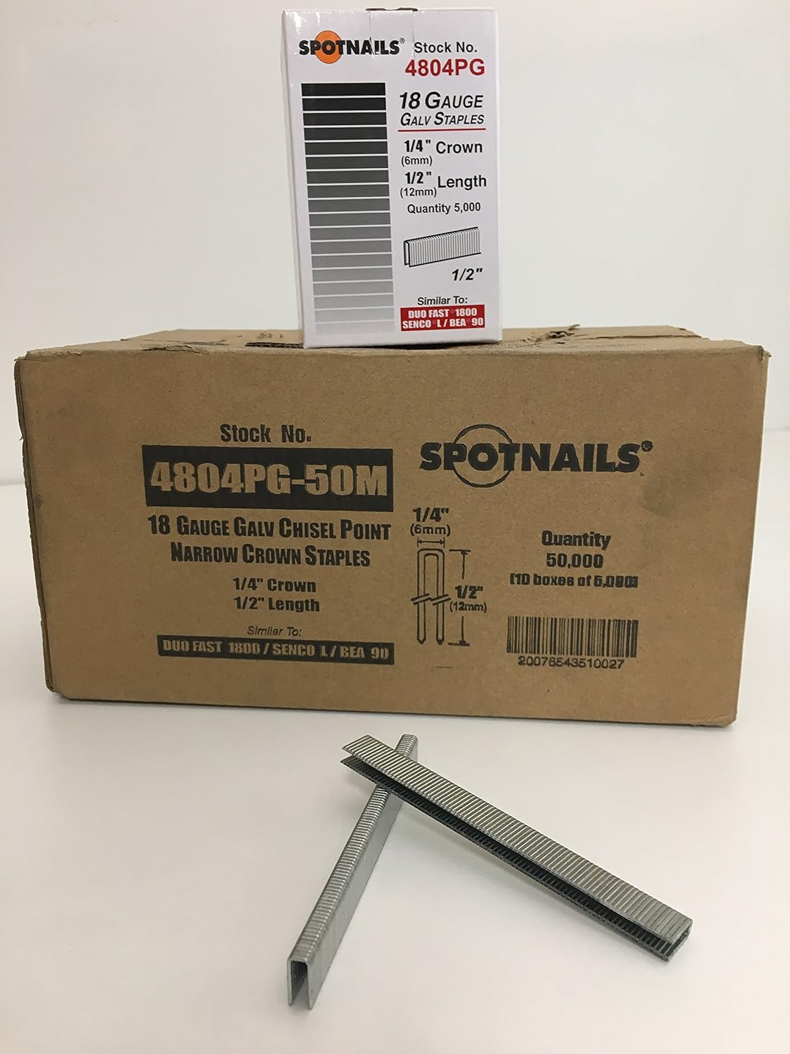 SPOTNAILS 4804PG L or 90 Series 18 Gauge 1/4" Crown, 1/2" leg. 5000 Pcs/Box, 10 Boxes/Case. Sale By Full Case !