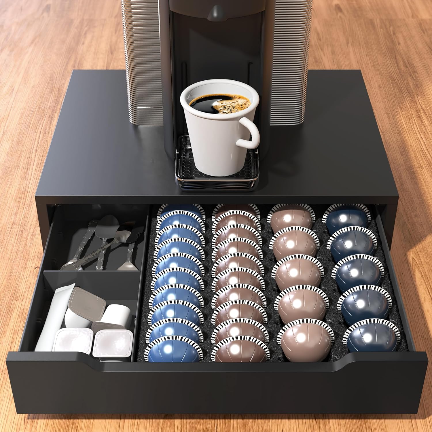 Deco Brothers Vertuoline Pod Holder Drawer with Adjustable Divider, Compatible with Nespresso 40 Small or 20 Large Capsules Coffee Bar Station, Wood Top Stand with Side Storage for Accessories, Black