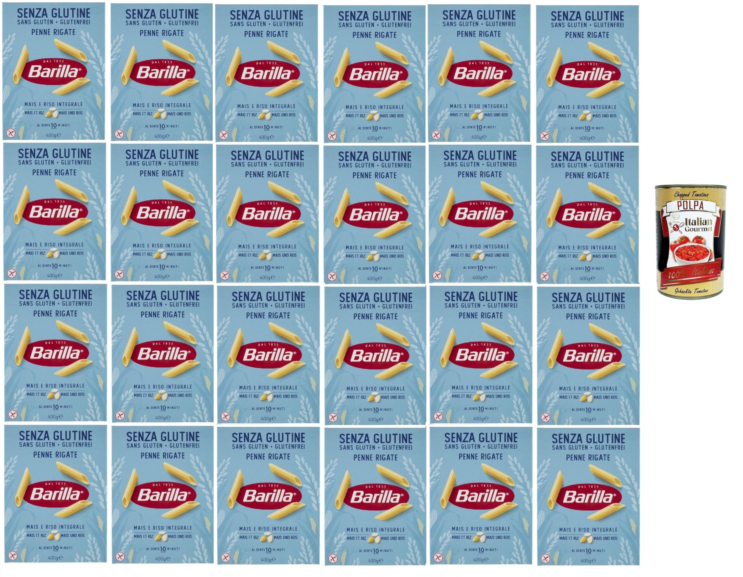 Italian Gourmet Penne Rigate pasta senza glutine 24 x 400g, Mais-Reis vegan | Glutenfrei und al dente in 10 Minuten; priva di frumento, gute, Gesamtnettogewicht 9,6 kg + Kostenlos Polpa 400g