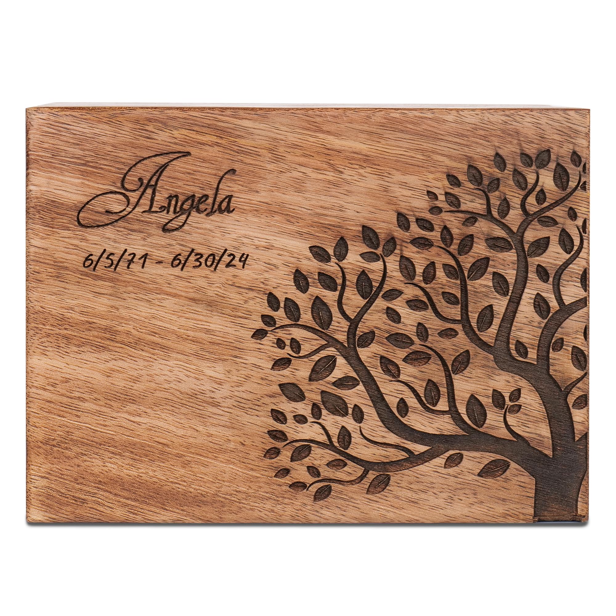 Personalized Handmade Wooden Urn for Human Ashes, Solid Wood Memorial Keepsake Box with Custom Engraved Tree of Life Design For Men, Women & Pets, Custom Size XS to XXL (12 lbs to 250 lbs Capacity)
