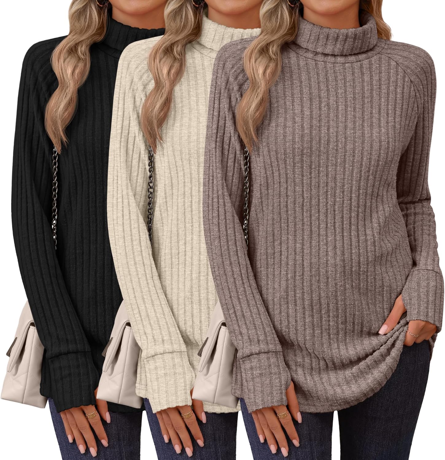Ficerd 3 Pack Women's Turtleneck Long Sleeve Tunic Sweater Thumbhole, Ribbed Raglan Curved Hem Knit Shirts Loose Fall Winter