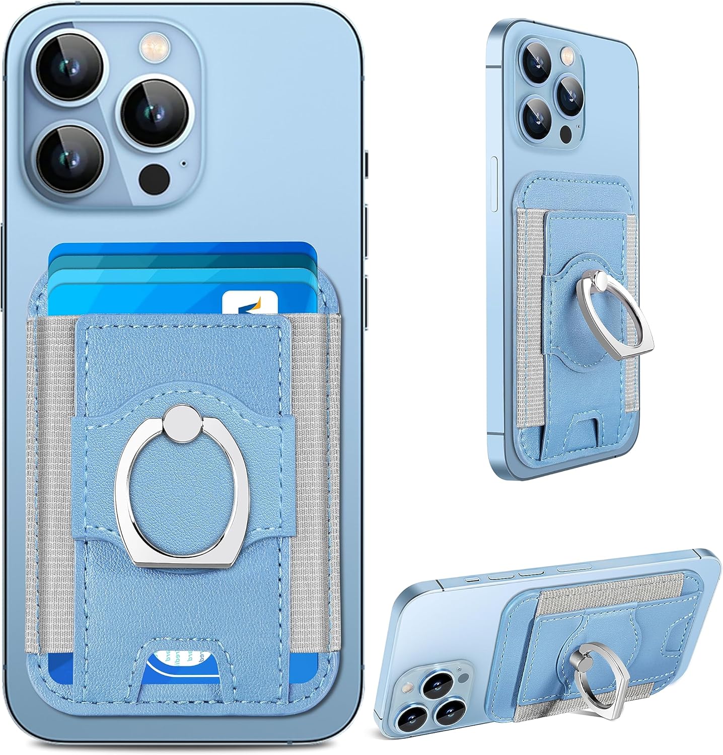 TopMade for MagSafe Wallet with Ring Grip, Strong Magnetic Wallet for iPhone 15/14/13/12 Series, Minimalist 360° Rotation Phone Card Wallet Stand, Fit 7 Cards, RFID Blocking, Leather, Slim, Sky Blue