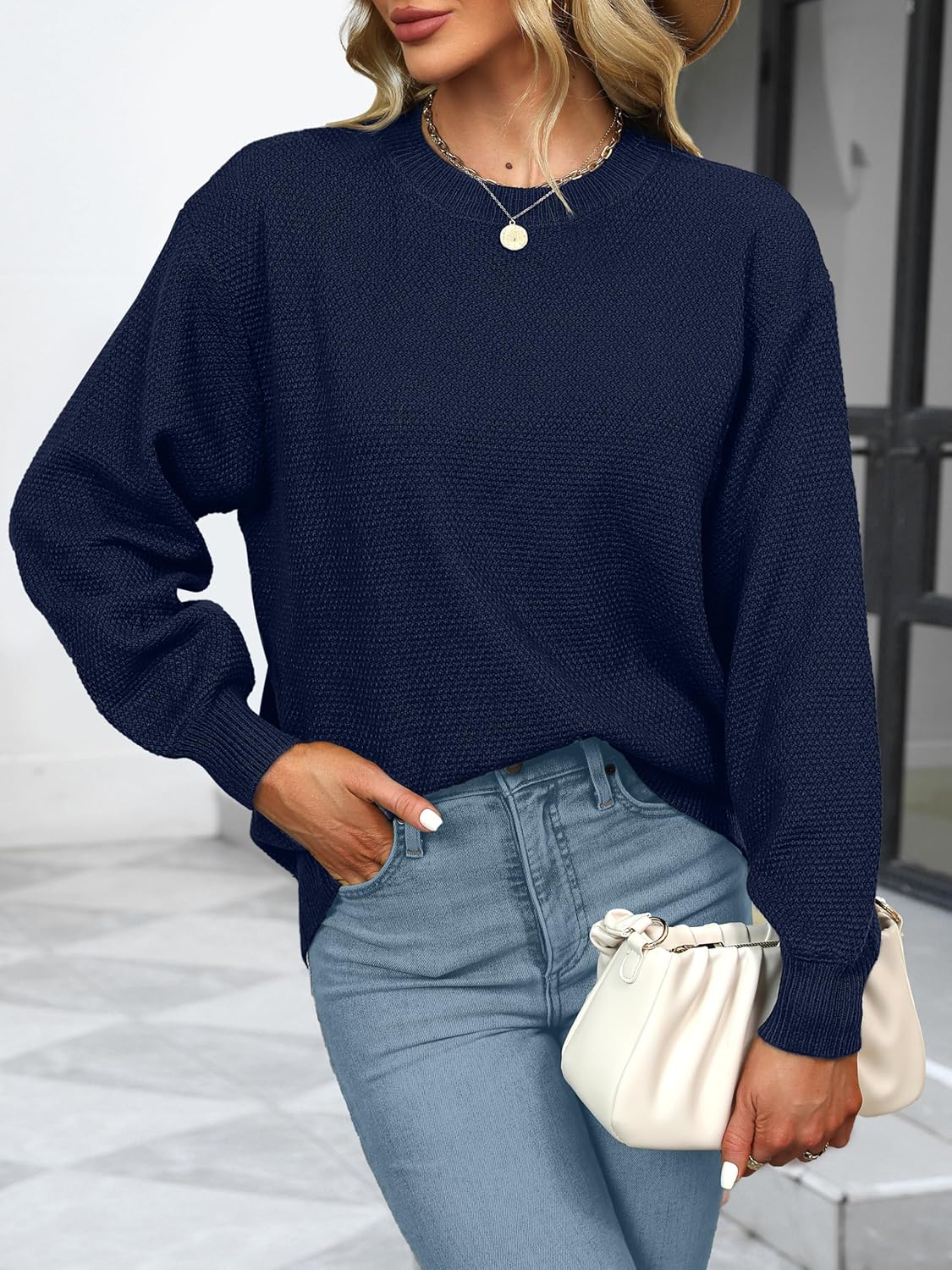 NIeyook Pullover Sweaters for Women Fall 2024 Long Sleeve Knit Tops Oversized Crew Neck Pullover Sweater Dressy Casual Navy Blue L - Image 5