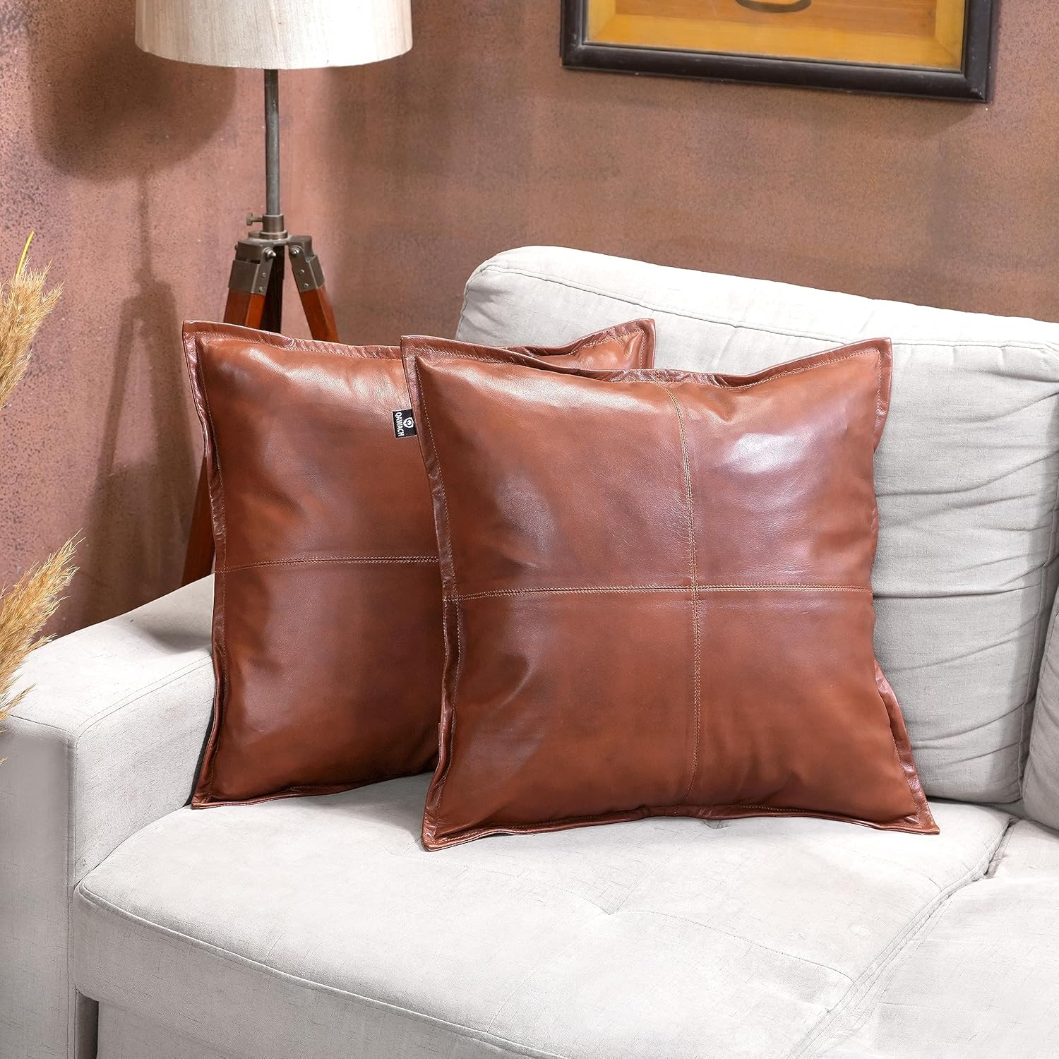 Lambskin Leather Pillow Cover - Chair, Bed, Chaise Lounge, Sofa Cushion Case - Throw Covers for Living Room & Bedroom, 22" x 22" - Tan Antique Box(02) Pack of 1