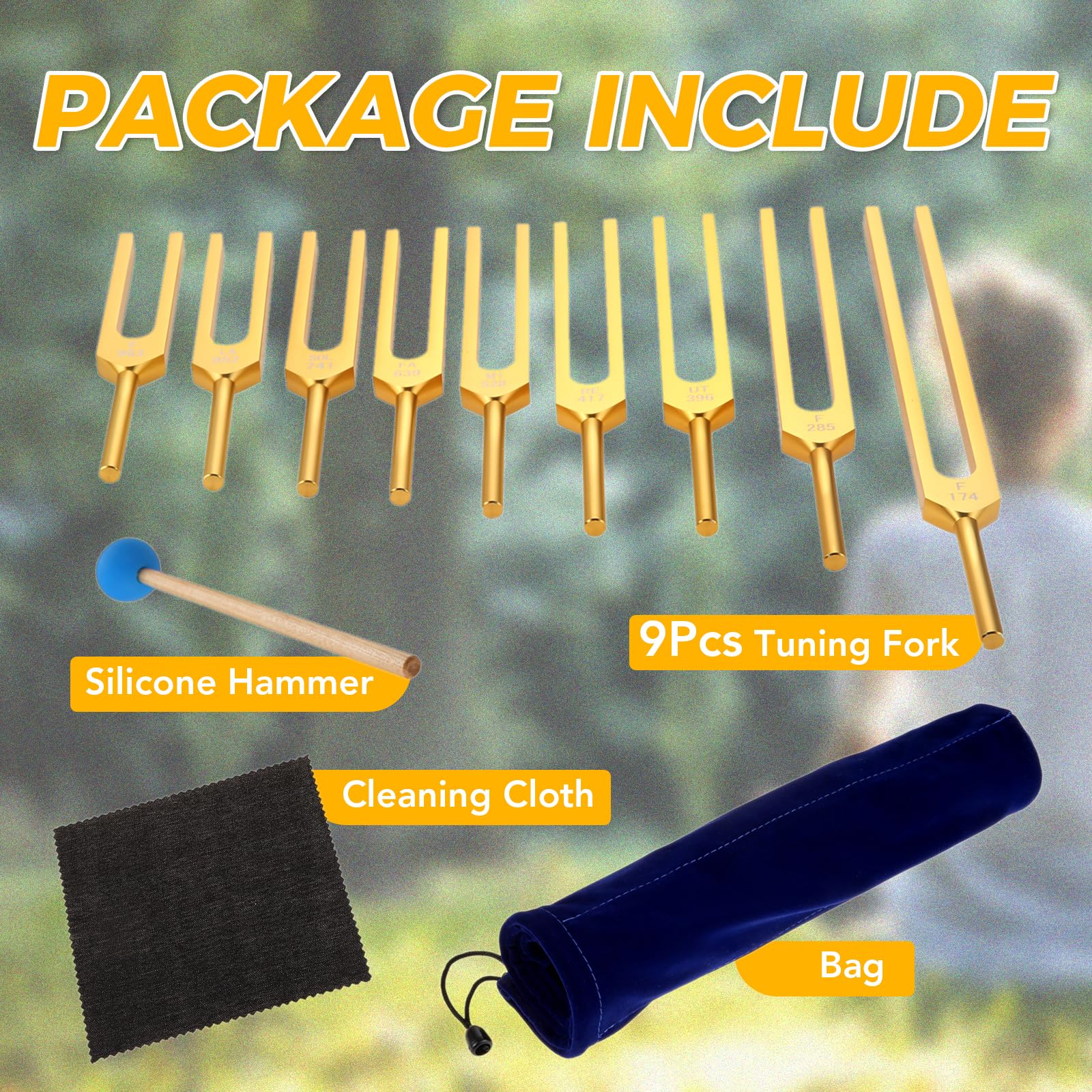 Dreld Solfeggio Tuning Forks, 9 Frequency Healing Tuner with Silicone Hammer and Bag for DNA Repair Healing Sound Therapy - Image 3