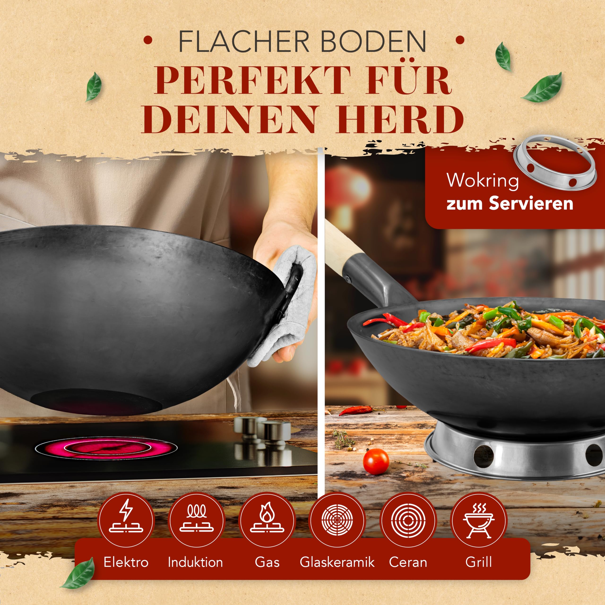 KRUSTENZAUBER 36cm Wokpfanne Induktion Voreingebrannt - Traditionelle Stahlwokpfanne Mit Wokwender und Wokring - Pfanne, Induktion, Woklette, Zubehör, Carbon Steel Karbonstahl