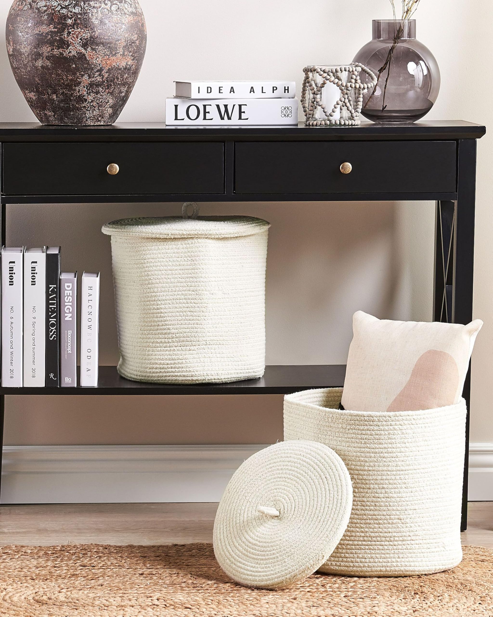 Korb 2er Set Baumwolle cremeweiß geflochten mit Deckel Boho-Design Silopi