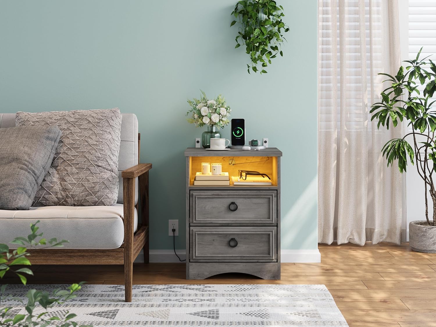 Large Nightstand Set of 2 with Drawers,17.7"W Accent Night Stand with Charger Station LED Lights, Bed Side Table with 2 Drawers, End Table with Easy Open Storage for Bedroom, Living Room,Gray
