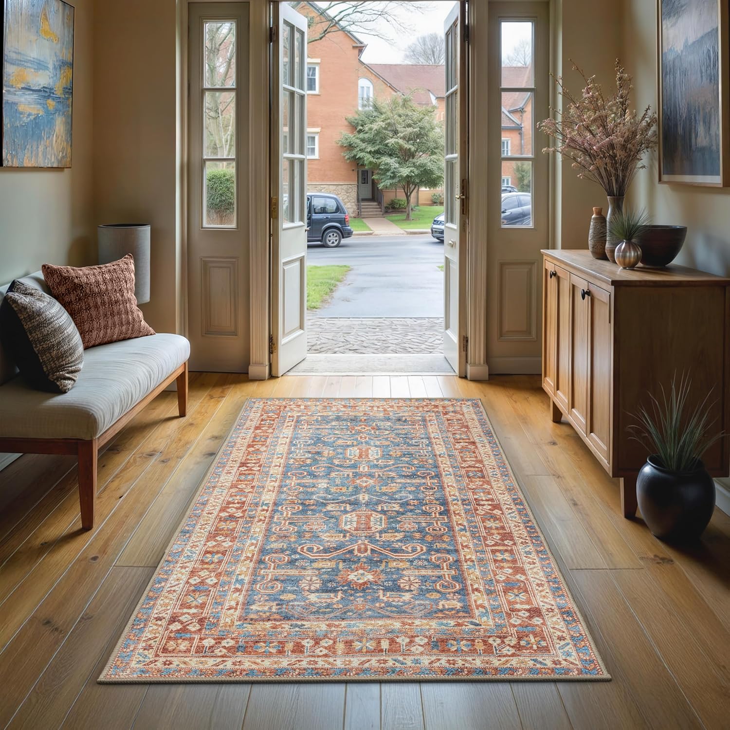 GLN Rugs Traditional Collection - Machine Washable Area Rug, Traditional Washable, Non Slip, Low Pile Chenille Rug, Living Room, Bedroom, Kitchen Rug (2'6"x7' Terra and Blue) 2'6" x 7' (Rectangular) Terra/Slate Blue