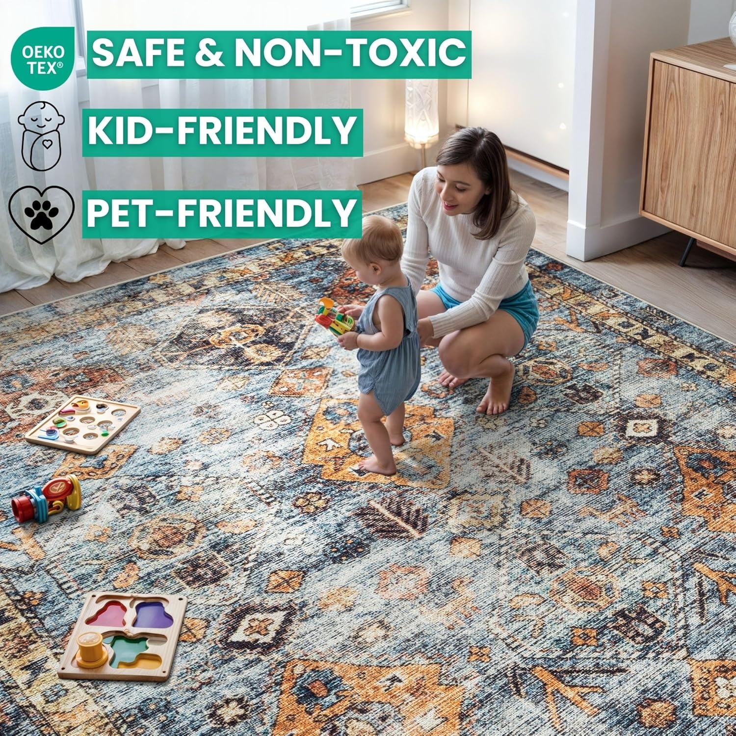 Bloom Rugs Washable Non-Slip 2' x 3' Rug - Blue/Orange Traditional Bordered Area Rug for Living Room, Bedroom, Dining Room, and Kitchen - Exact Size: 2' x 3'