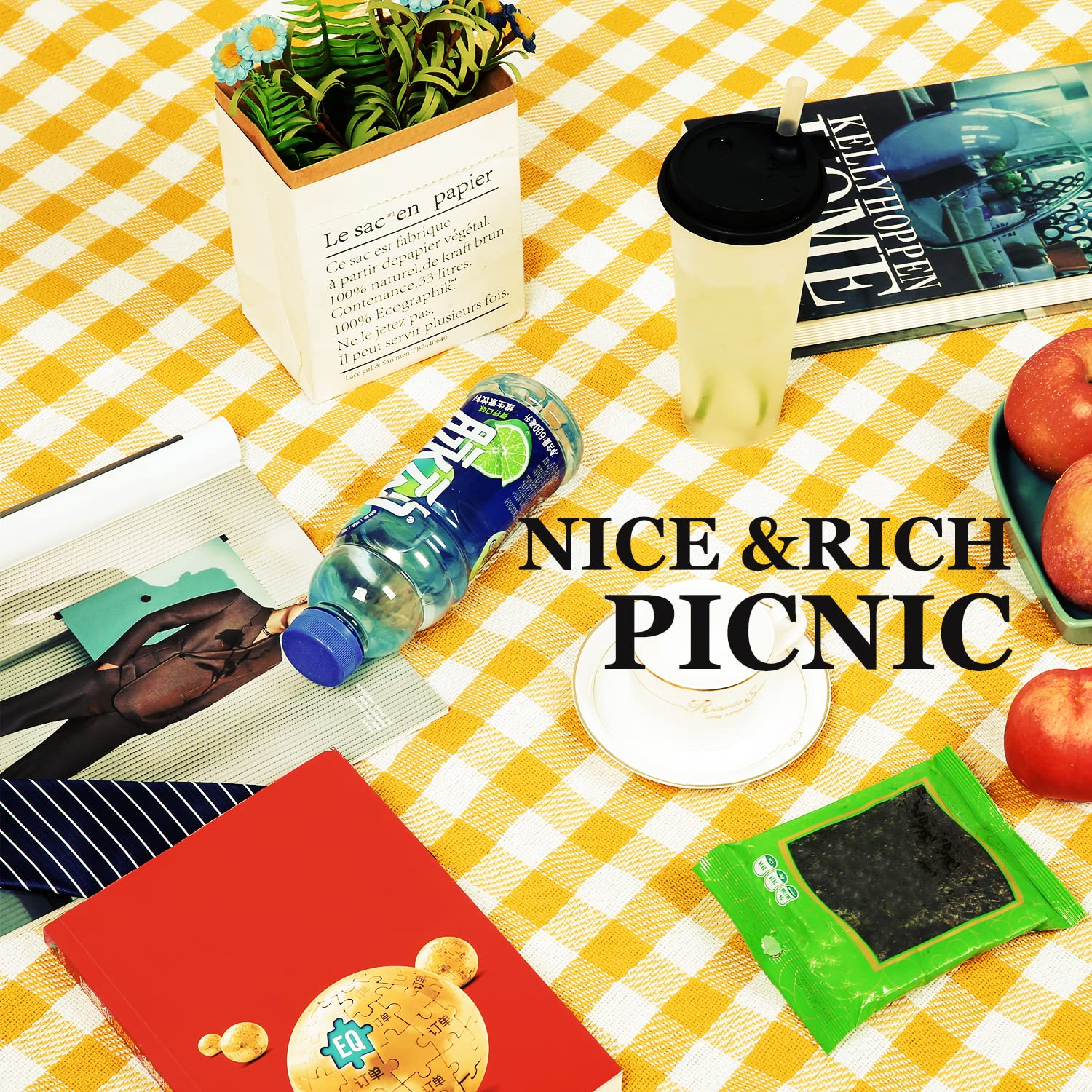 Picknick-Matte, 200x200 cm, übergroße Picknickdecke, wasserdicht, sanddicht, große und dicke Gingham-Picknickdecke für Strandmatten oder Familien-Outdoor-Camping-Partys, Gelb kariert