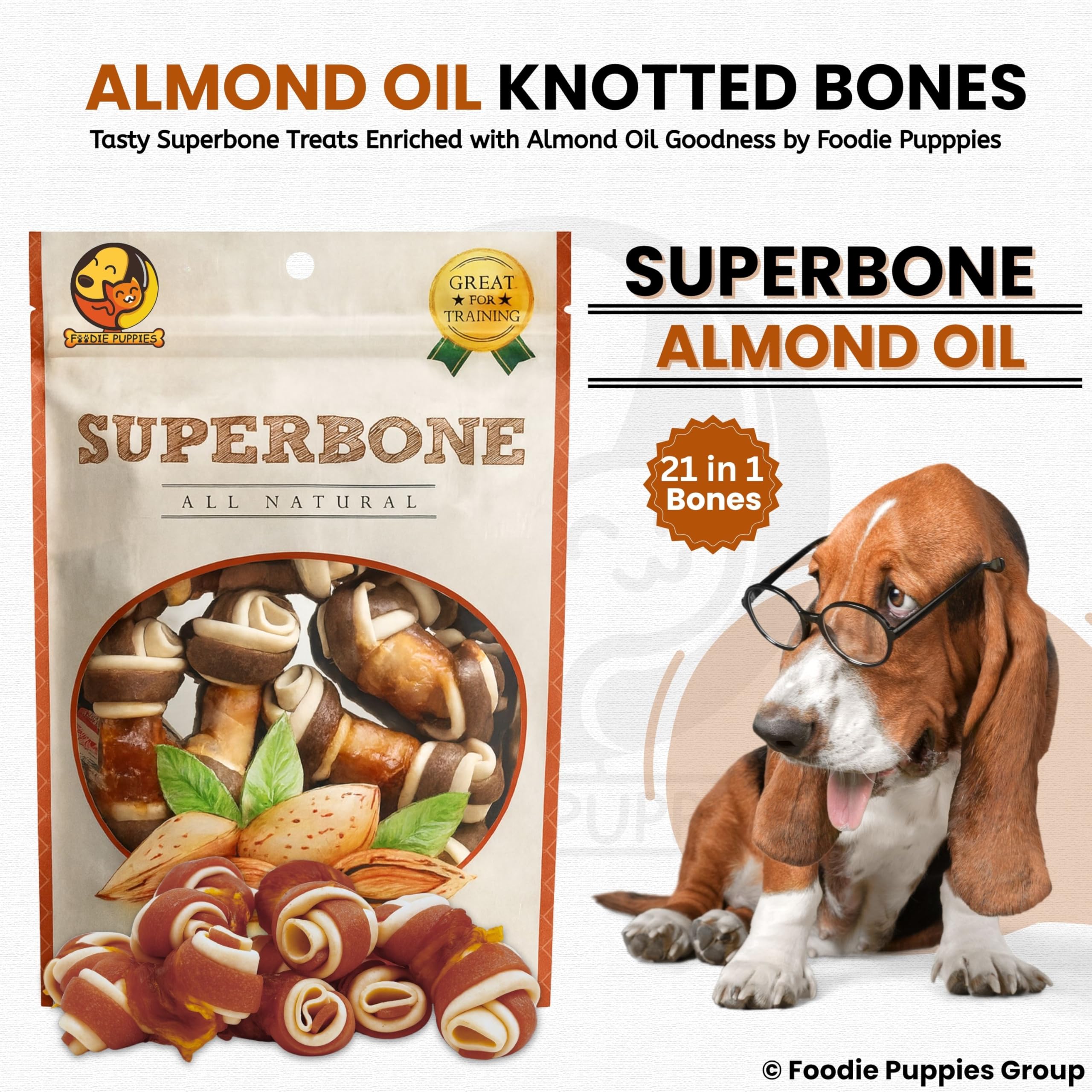 Foodie Puppies Superbone 21-in-1 Knotted Dog Treat - (Almond Oil) (Big Pack) | Healthy Chicken Snack, High Protein, Easily Digestible Chew Treat | Dry Treat Ideal for Training for All Types of Dogs