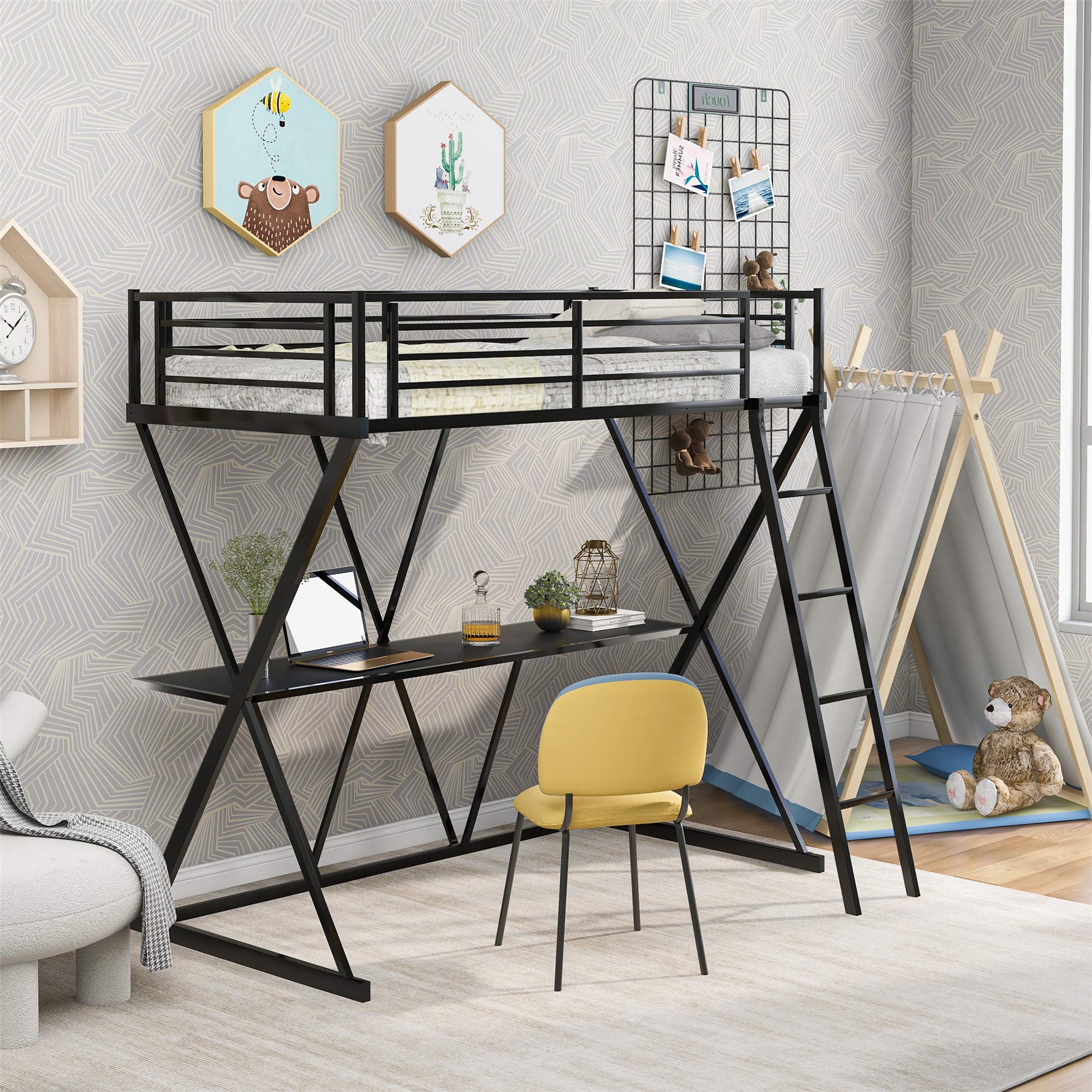 Twin Loft Bed with Desk, Loft Bed Twin with Ladder and Full-Length Guardrails, X-Shaped Frame, Workstation Desk loft Kids Bed (New) Black