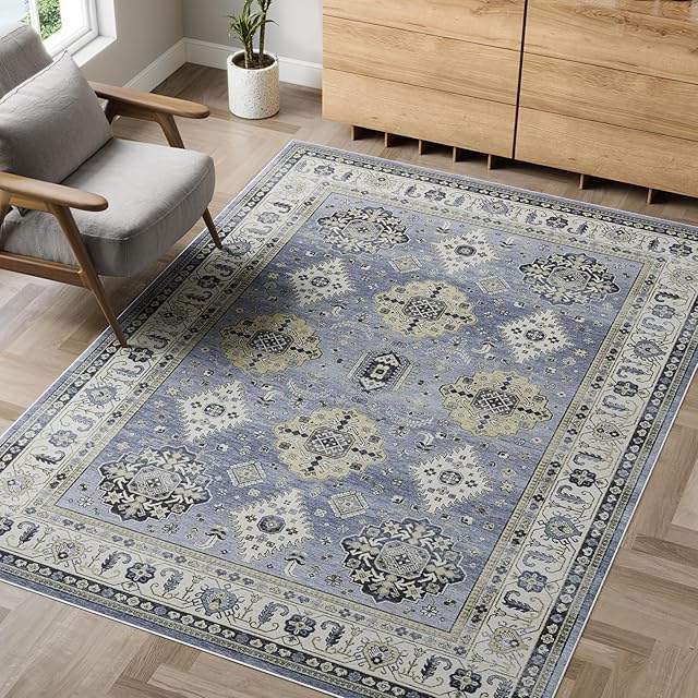 Dripex Washable Living Room Rug 120x170cm, Blue Vintage Rug for Living Room, Machine Washable Bedside Rug for Bedroom Non Slip Luxury Soft Bedroom Rug Traditional Rug for Living Room