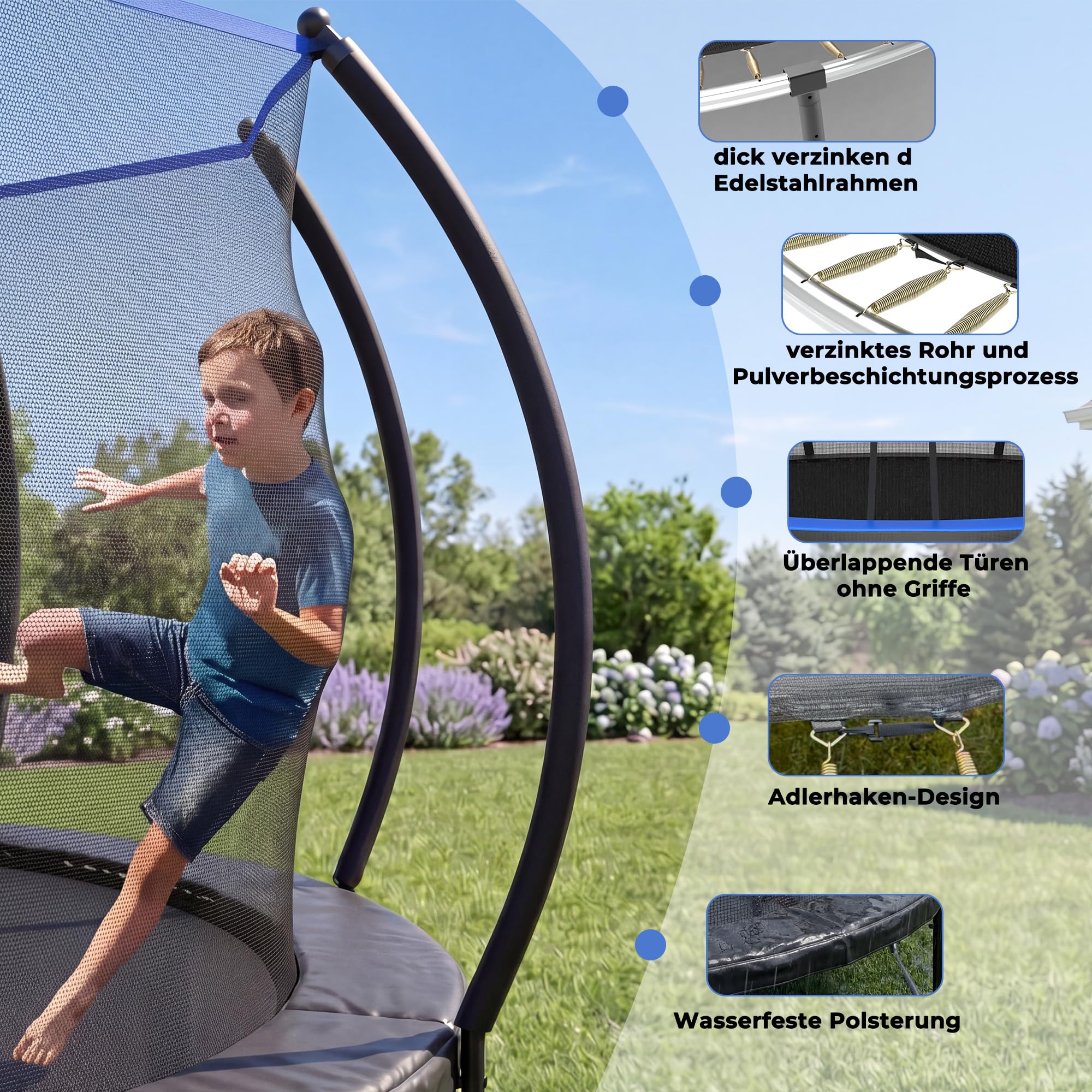 Trampolino da giardino con rete di sicurezza per bambini, per esterni, 228 cm, testato EN71 ASTM, stabile, resistente alle intemperie, nero e blu, con scala