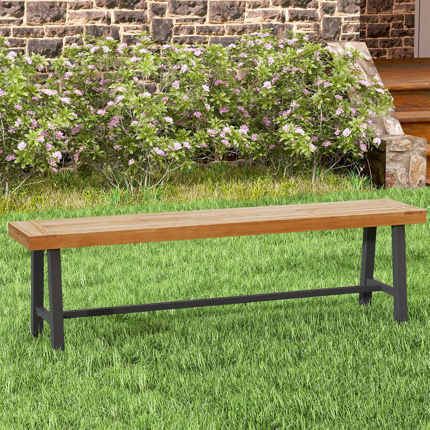 Outdoor Bench Garden Bench, 63" Backless Acacia Wood Bench with Heavy-Duty Metal Legs, Patio Dining Bench Front Porch Benches for Outside, Yard & Garden