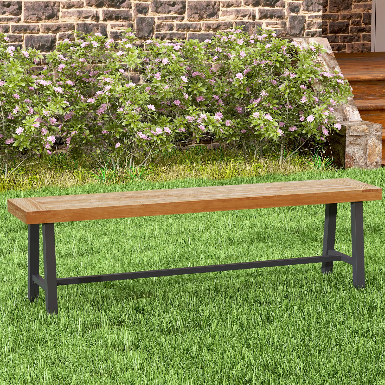 Toolsempire Outdoor Bench Garden Bench, 63" Backless Acacia Wood Bench with Heavy-Duty Metal Legs, Patio Dining Bench Front Porch Benches for Outside,