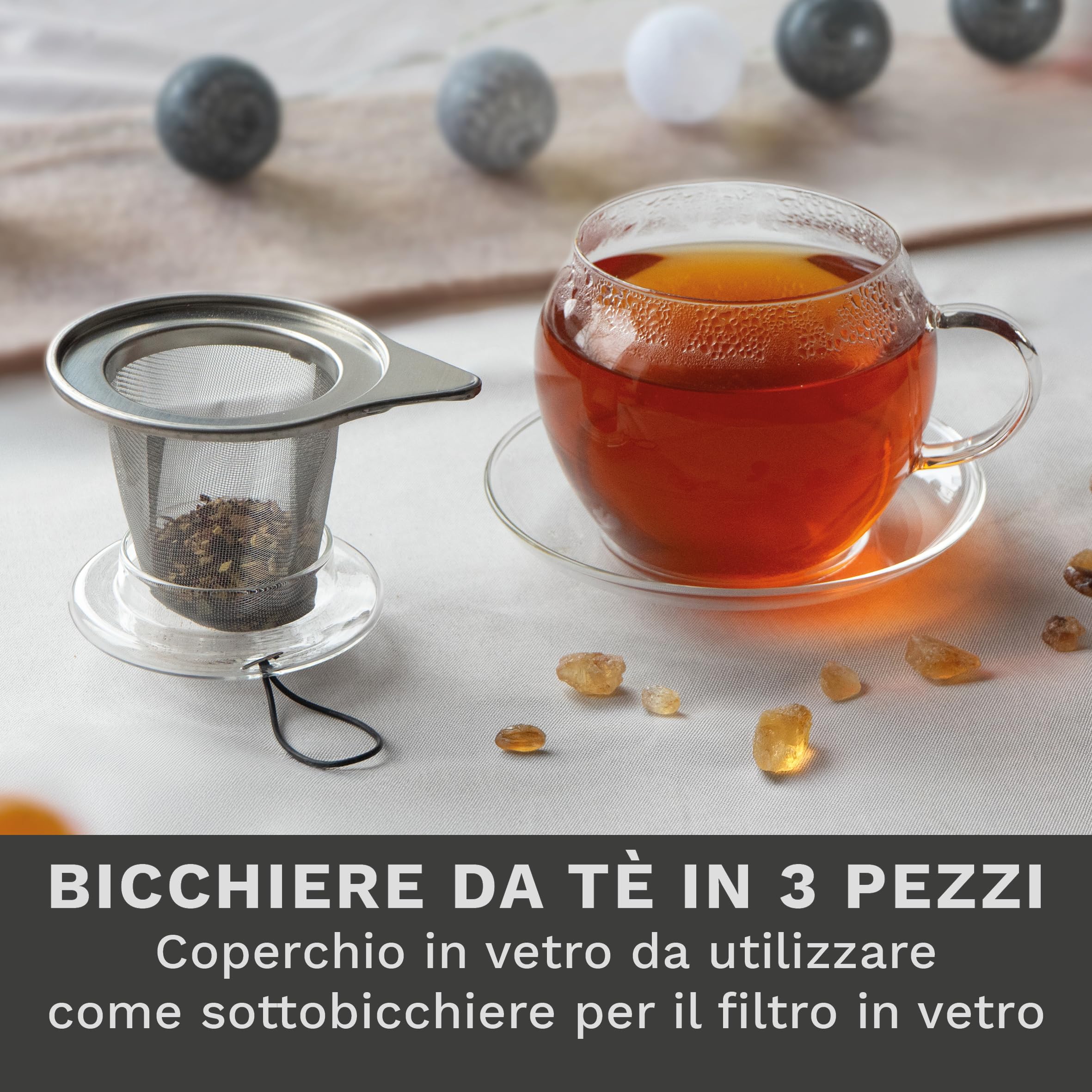 Creano Tazza da tè JUMBO in Vetro con Manico e Filtro Integrato in Acciaio Inox, Coperchio in vetro e Piattino | 450ml