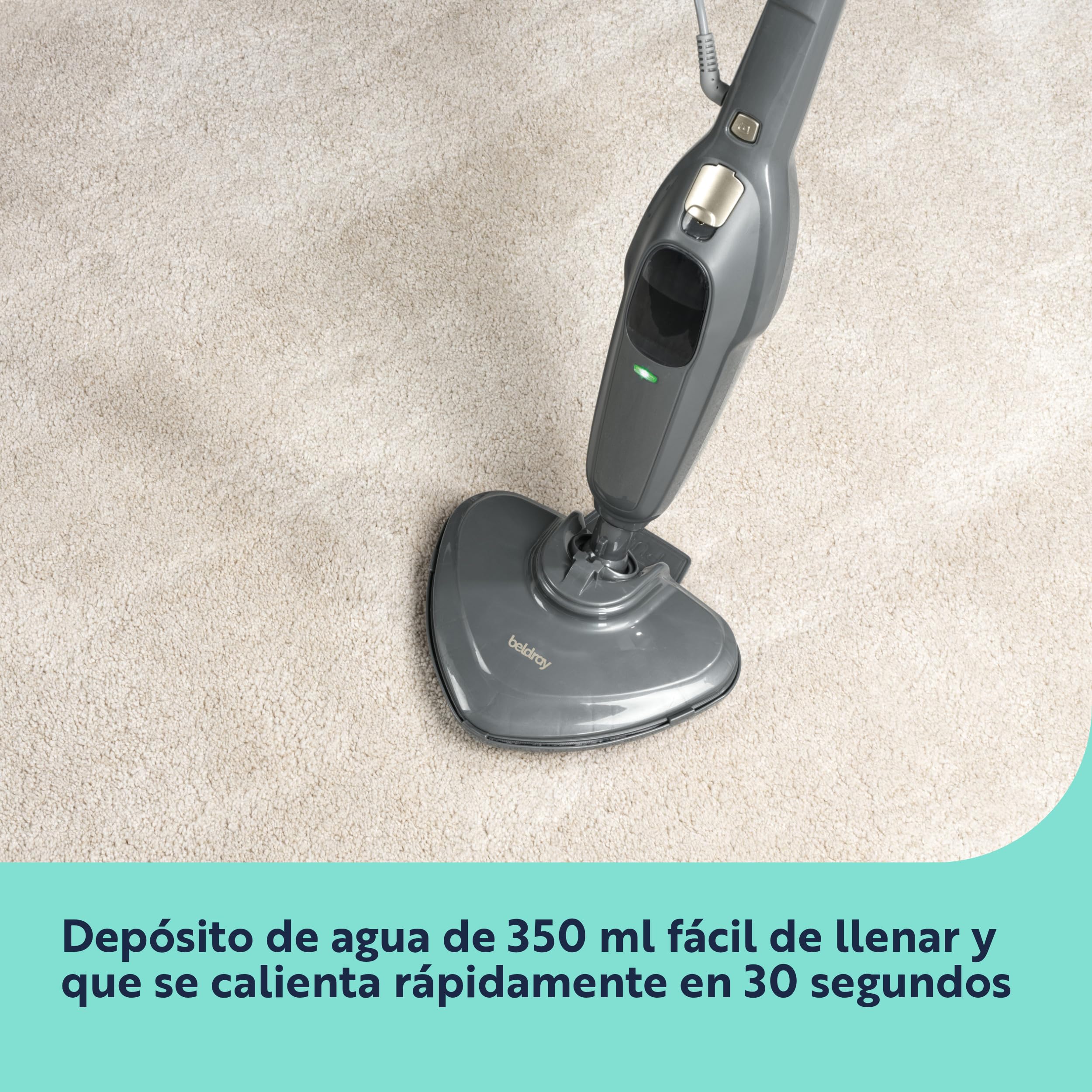 Beldray Limpiador a Vapor Clean & Refresh - Escoba de Vapor, Limpieza Sin Químicos, Calentamiento Rápido, Depósito de Agua 350 ml, Alfombras, Laminados, Madera, 1300W