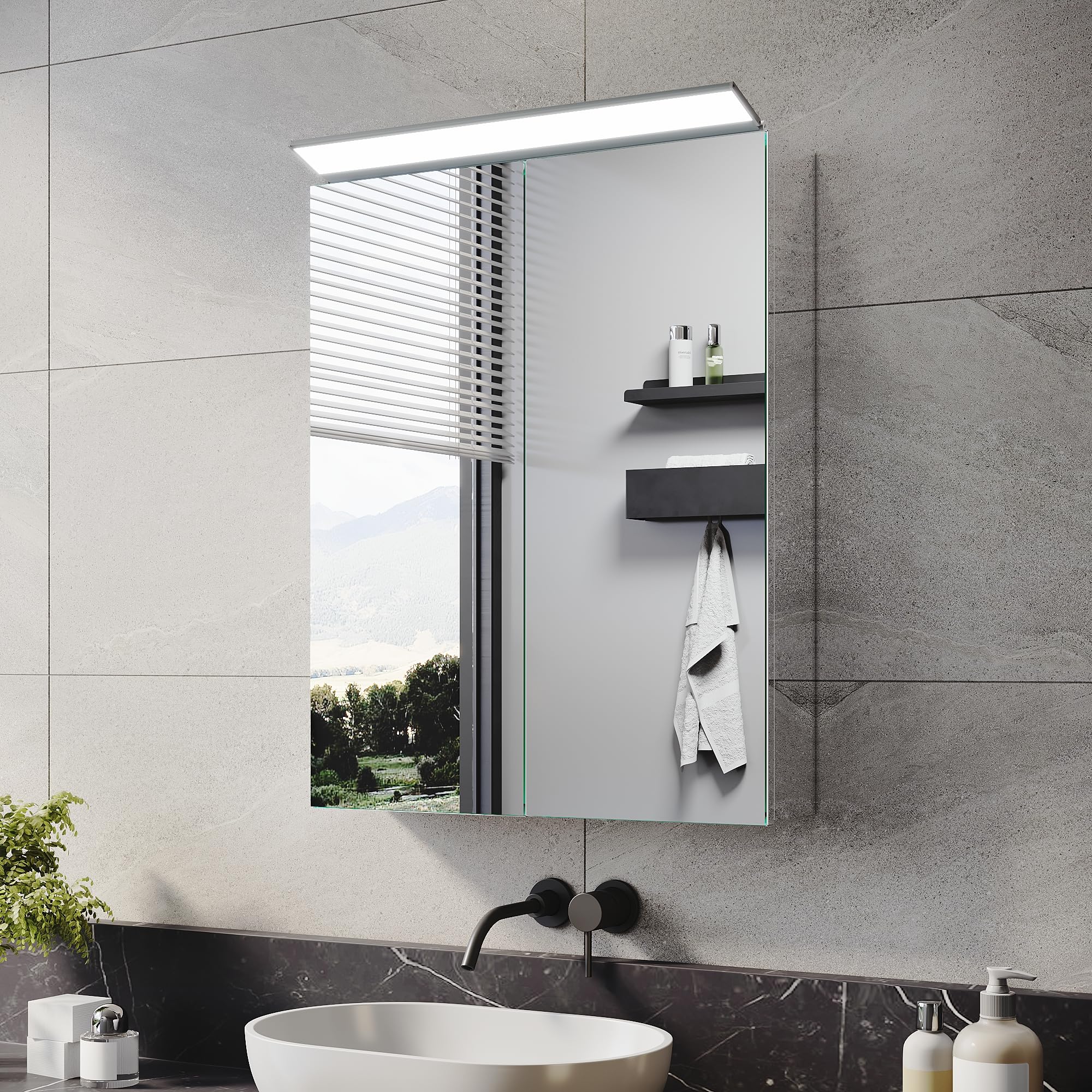 ELEGANT Bathroom Mirror Cabinet with LED Makeup Light, Fully Assembled Wall Mounted Storage Cupboard with Double Door, Stainless Steel Bathroom Cabinet with Mirror 520 x 650 mm