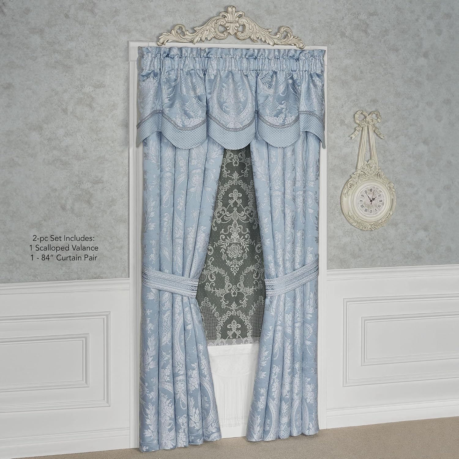 Contessa Luxury Window Treatment | Cool Iced Platinum and Powder Blue Hues | Puff Jacquard-Woven Traditional Floral Bouquet and Swag Motifs | Drapery Set Includes Scalloped Valance & 84L Curtain Pair