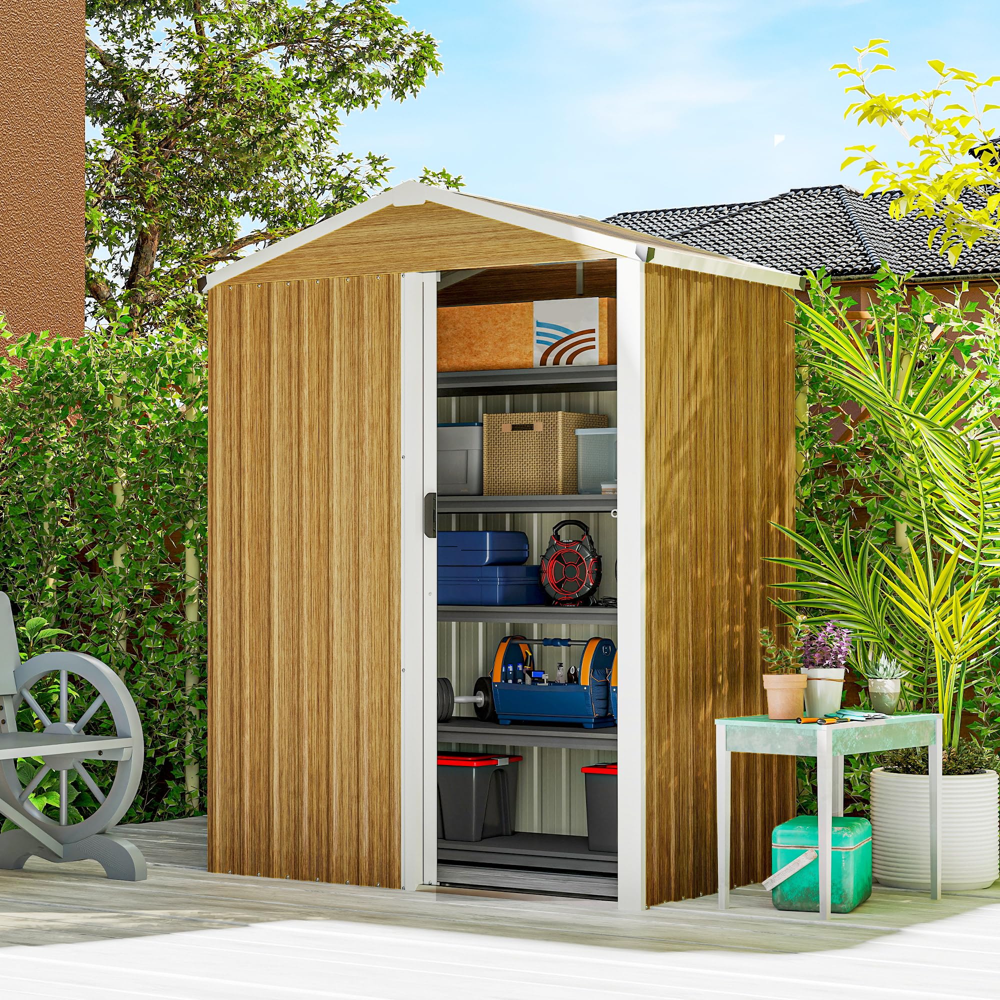 Outsunny 4.5 x 3ft Outdoor Storage Shed, Waterproof Metal Garden Shed with Gloves, Lockable Sliding Door and Pitched Roof for Backyard, Patio, Lawn, Poolside, Wood Grain - 1