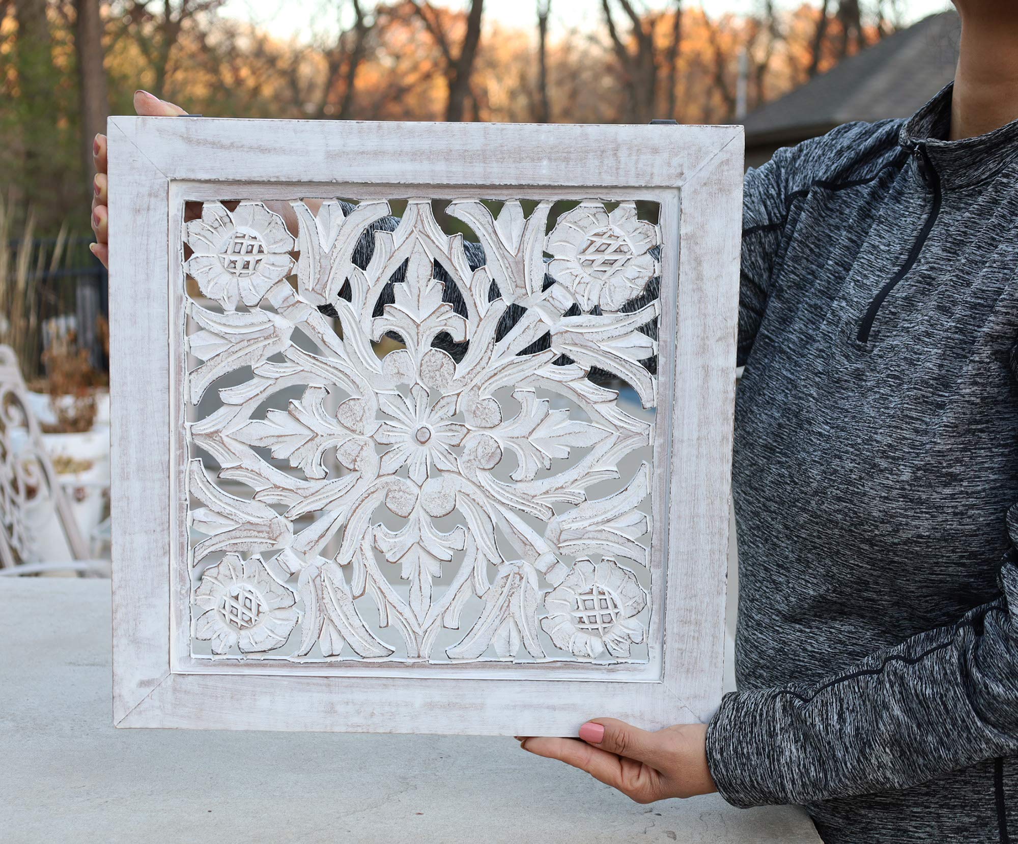 DharmaObjectsHandcrafted Lotus Wood Wall Panel Decor Hanging Art 16 X 16 (White Washed)