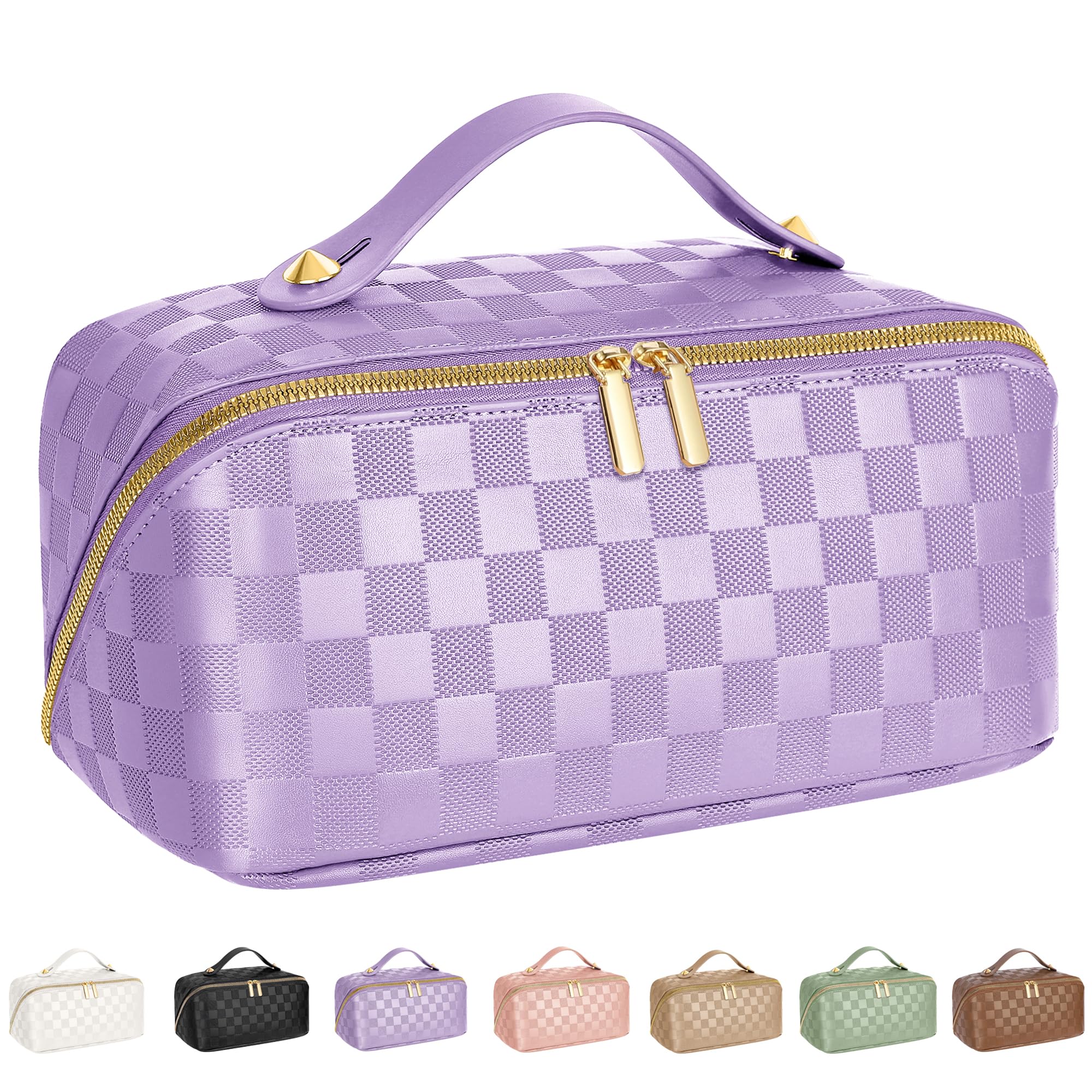 Large Capacity Travel Cosmetic Bag - Portable Makeup Bags for Women Waterproof PU Leather Checkered Makeup Organizer Bag with Dividers and Handle,