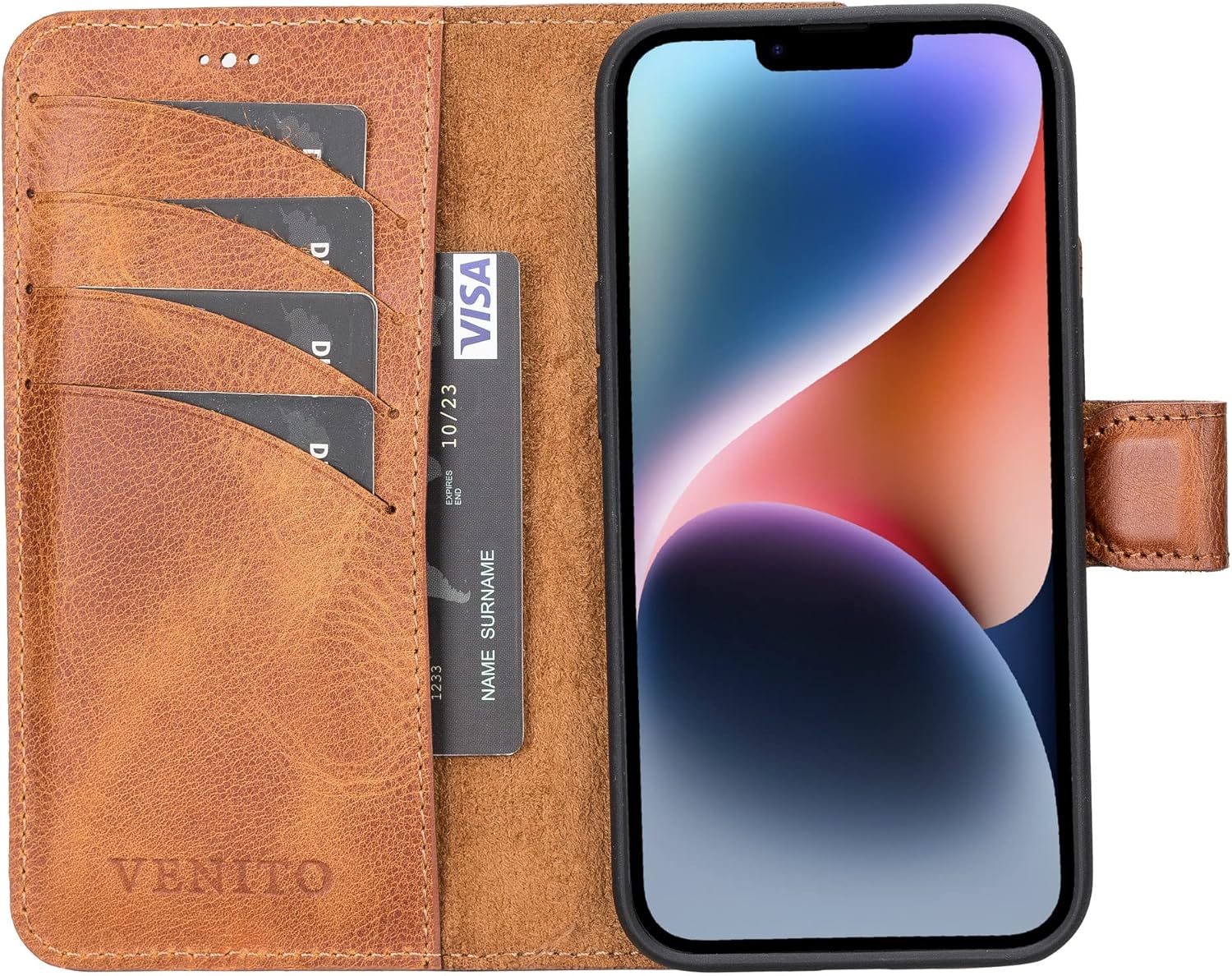 Venito Slim Magic Leather Wallet Case for iPhone 14 Case Detachable iPhone Wallet for iPhone 14 (6.1") (Antique Brown)