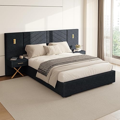 DEINPPA Luxury Queen Bed Frame with Built-in Gold LED Lights
