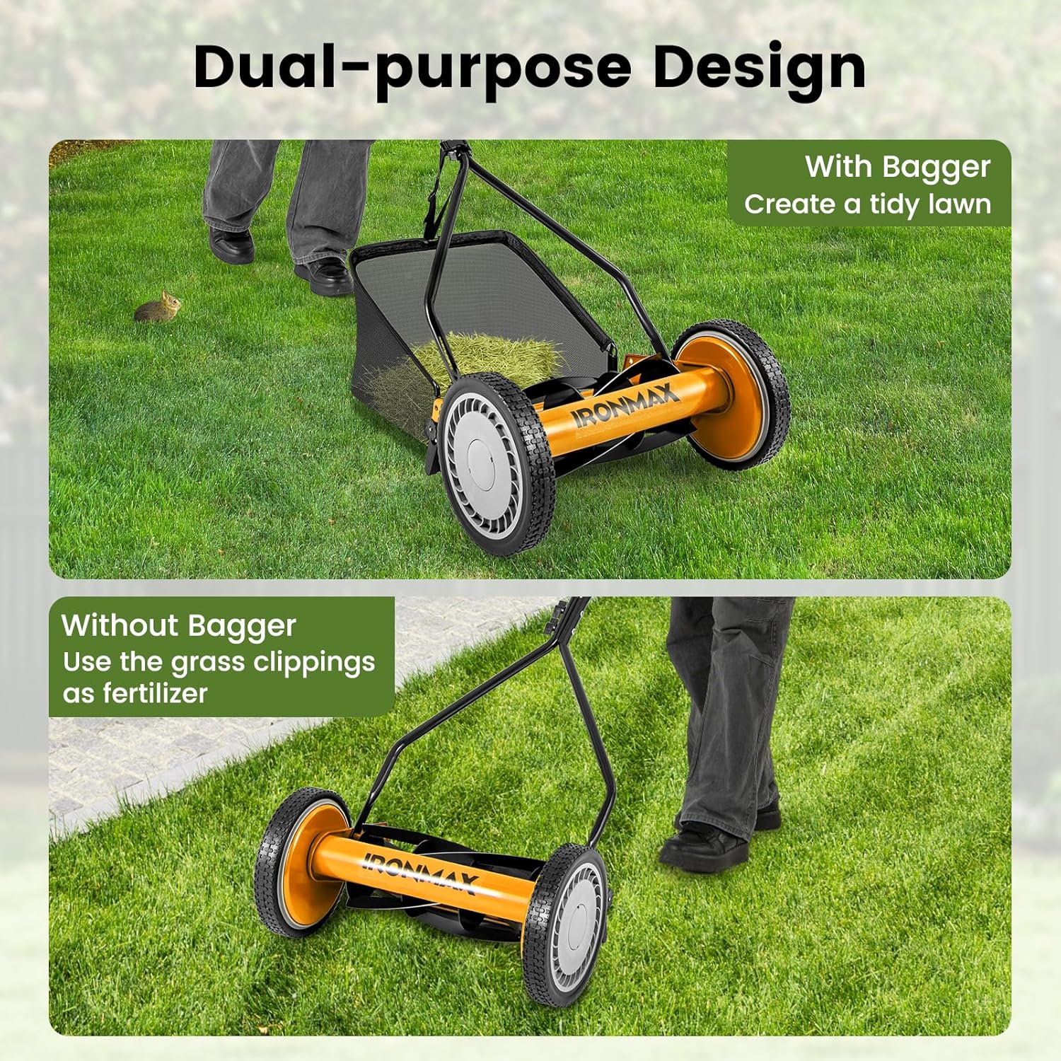 Goplus Manual Lawn Mower, 14 Inch 5-Blade Walk-Behind Cordless Grass Cutter with 7 Gallon Removable Grass Collect Bag, Adjustable Cutting Heights, Push Reel Lawn Mower for Yard, Garden