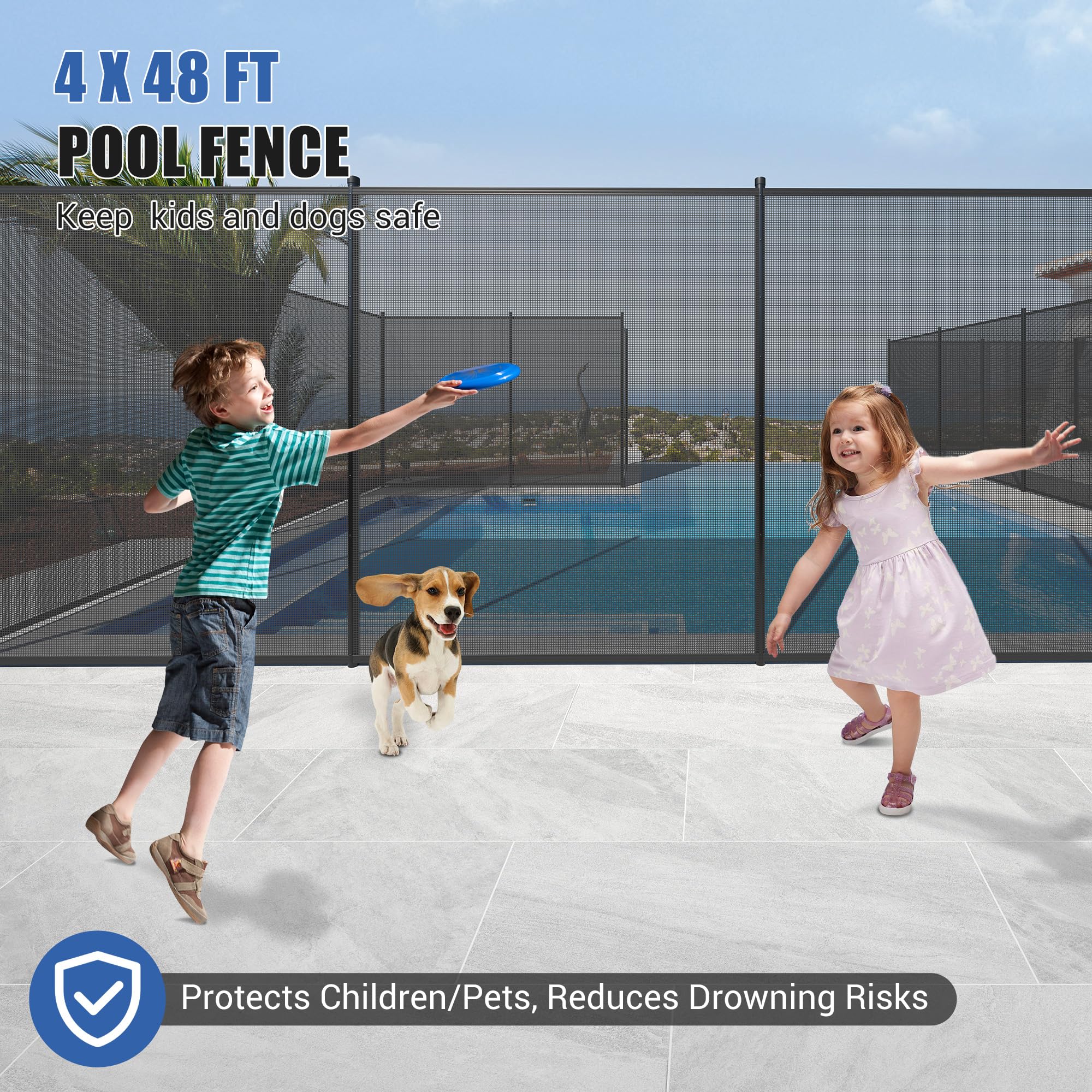 Garvee Valla de Seguridad para Piscina de 1,22 x 14,63 m, Cerca de Malla de PVC Teslin 340 GSM con Patas de Acero Inoxidable, Barrera Protectora para Niños y Mascotas, Instalación DIY, Negro