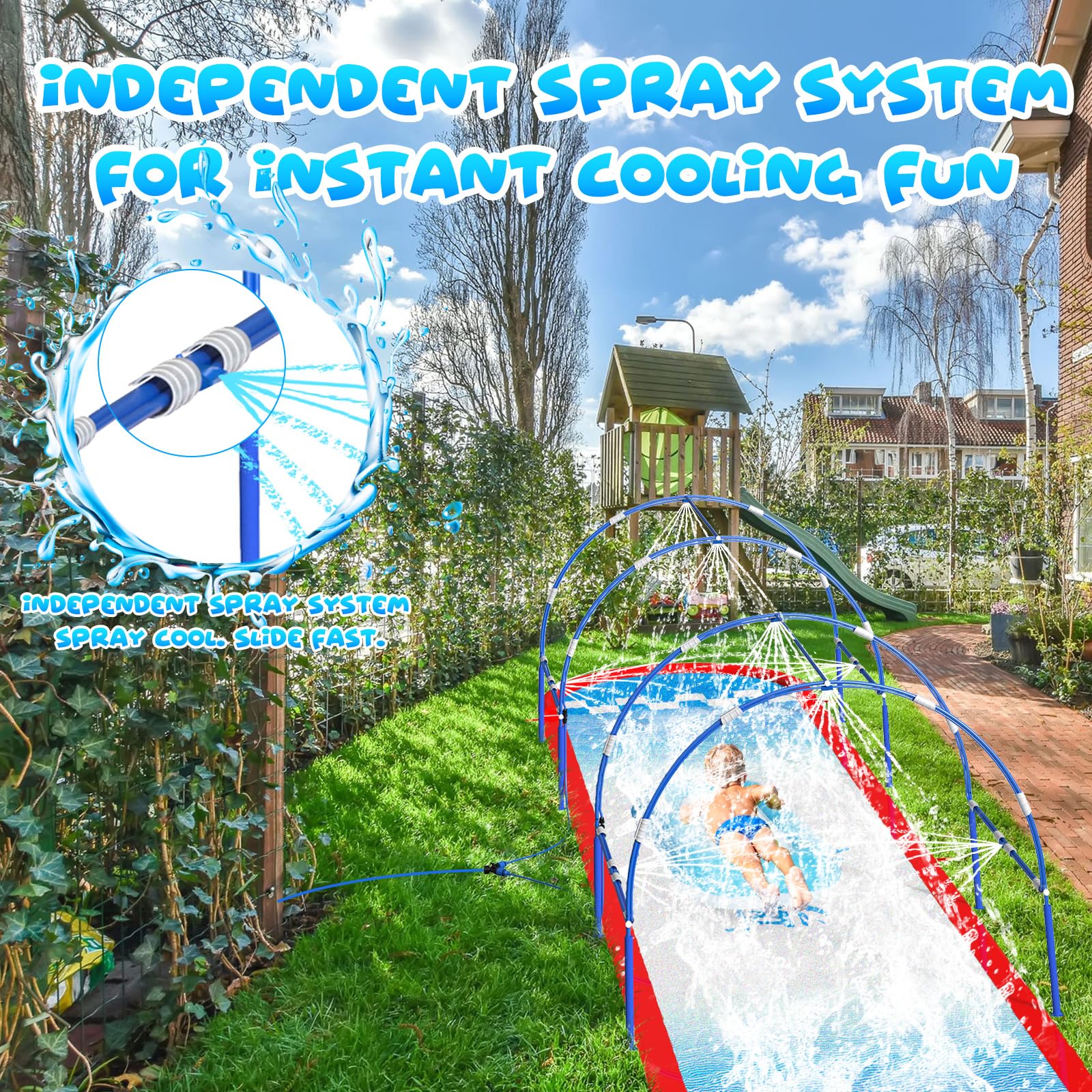 Toboggan à eau de pelouse de 7,9 m avec double cadre en métal et système d'arrosage indépendant, toboggan aquatique pour enfants, comprend 2 bodyboards, 6 piquets, pompe à air, jouet