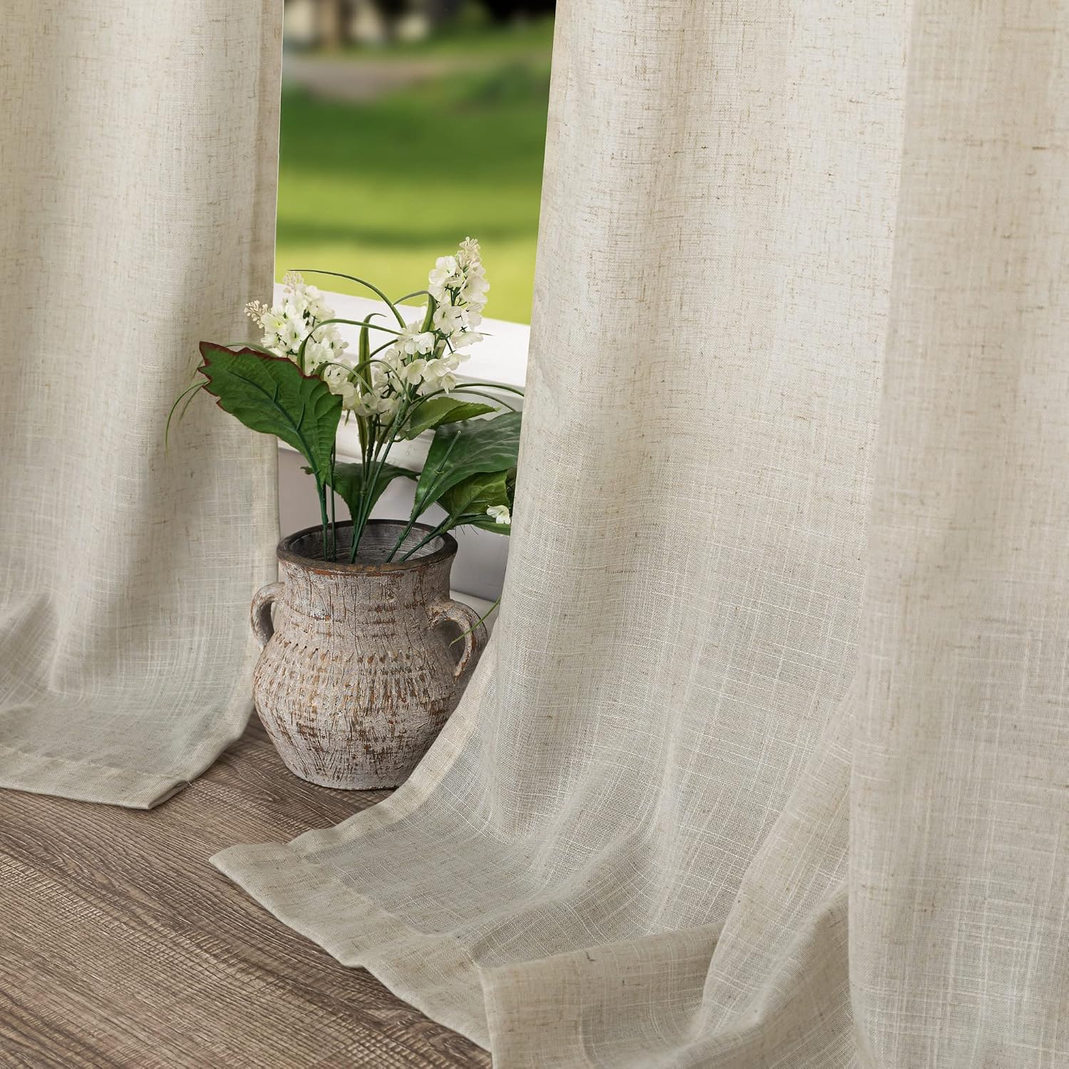 Flax Linen Curtains 84 Inch Length for Living Room 2 Panel Back Tab Rod Pocket Light Filtering Canvas Cotton Cloth Semi Sheer Tan Beige Curtain for Bedroom Burlap Earth Tone Farmhouse Decor 7 FT Taupe