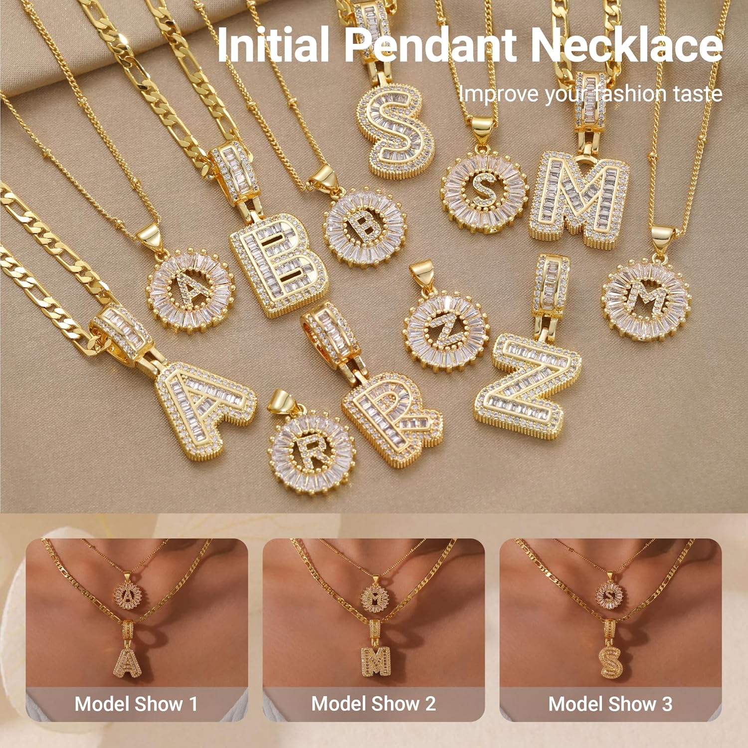 Gold Layered Initial Necklaces for Women, 18K Gold Plated Layering Round Letter Pendant Figaro Chain Letter Choker A-Z Zirconia Letters Name Crystal Jewelry Gifts for Women - Image 5