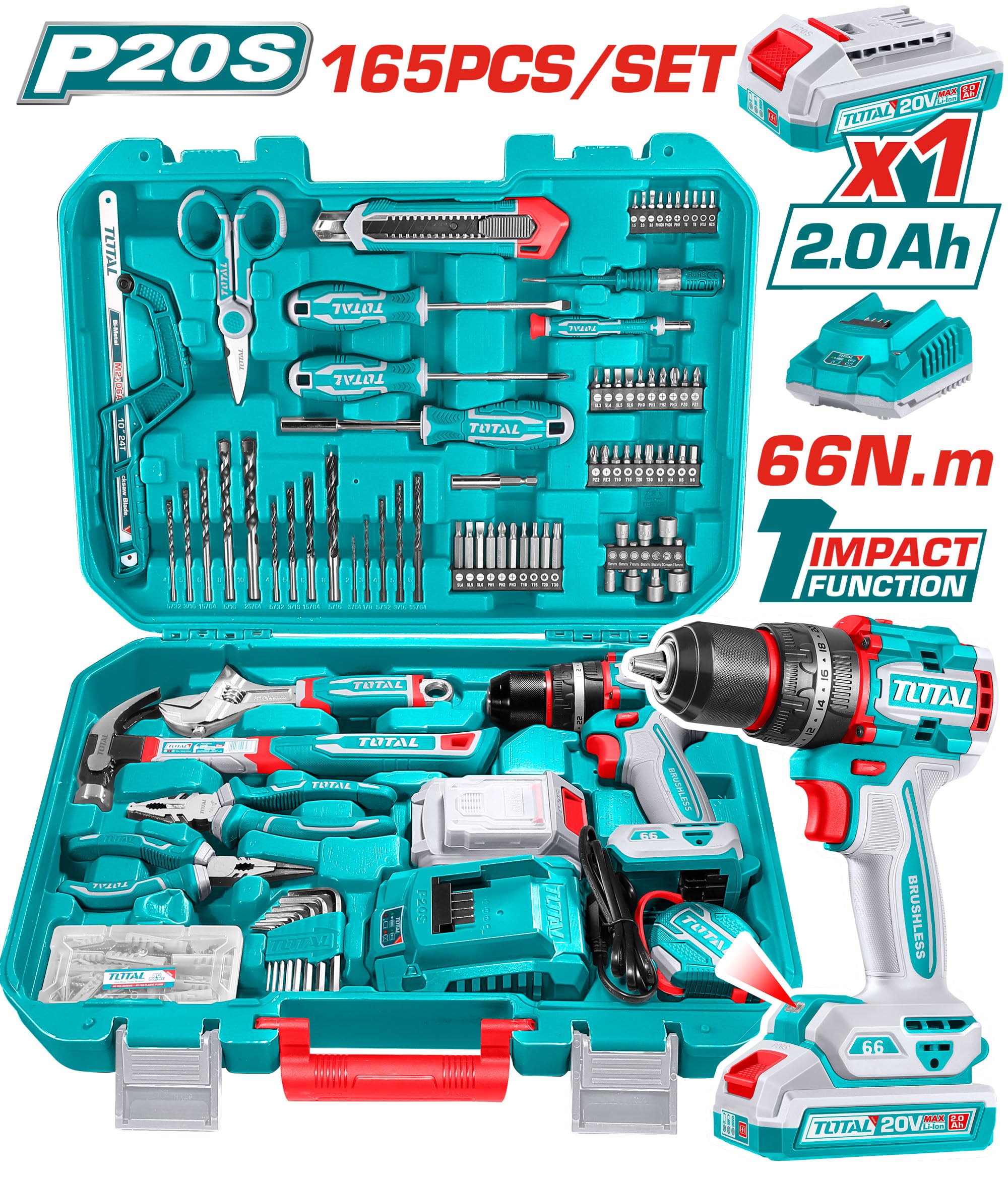 Super Total 165-Piece Tool Set with 20V Cordless Impact Drill
