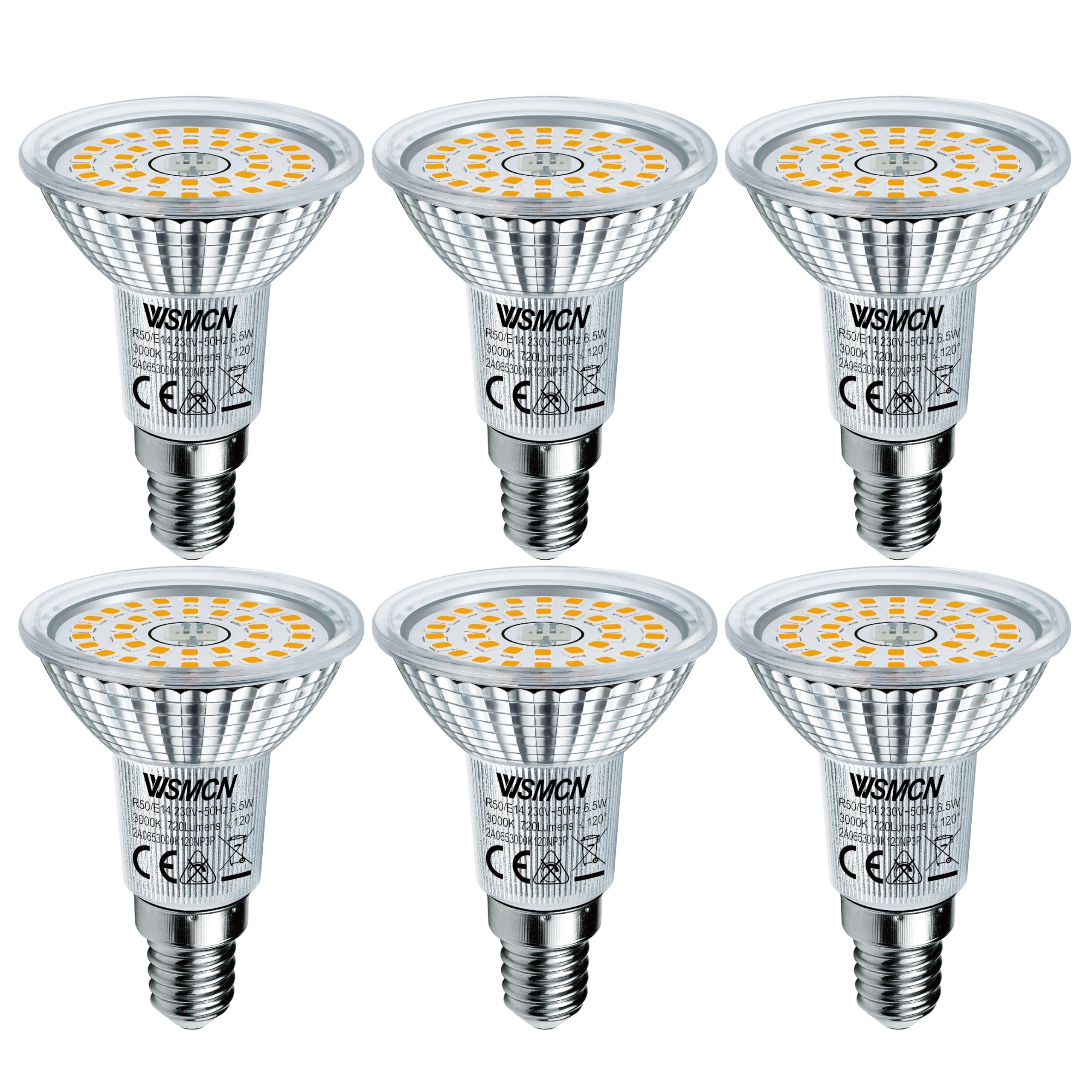 WSMCN E14 LED Lampen Warmweiß, 6,5W Ersetzt 100W Halogenlampe, 3000K 720lm Birnen, Nicht Dimmbar Leuchtmittel Glühbirnen, AC 230V Lichtwinkel 120° Flimmerfrei Strahler R50 Reflektorlampen, 6er-Pack
