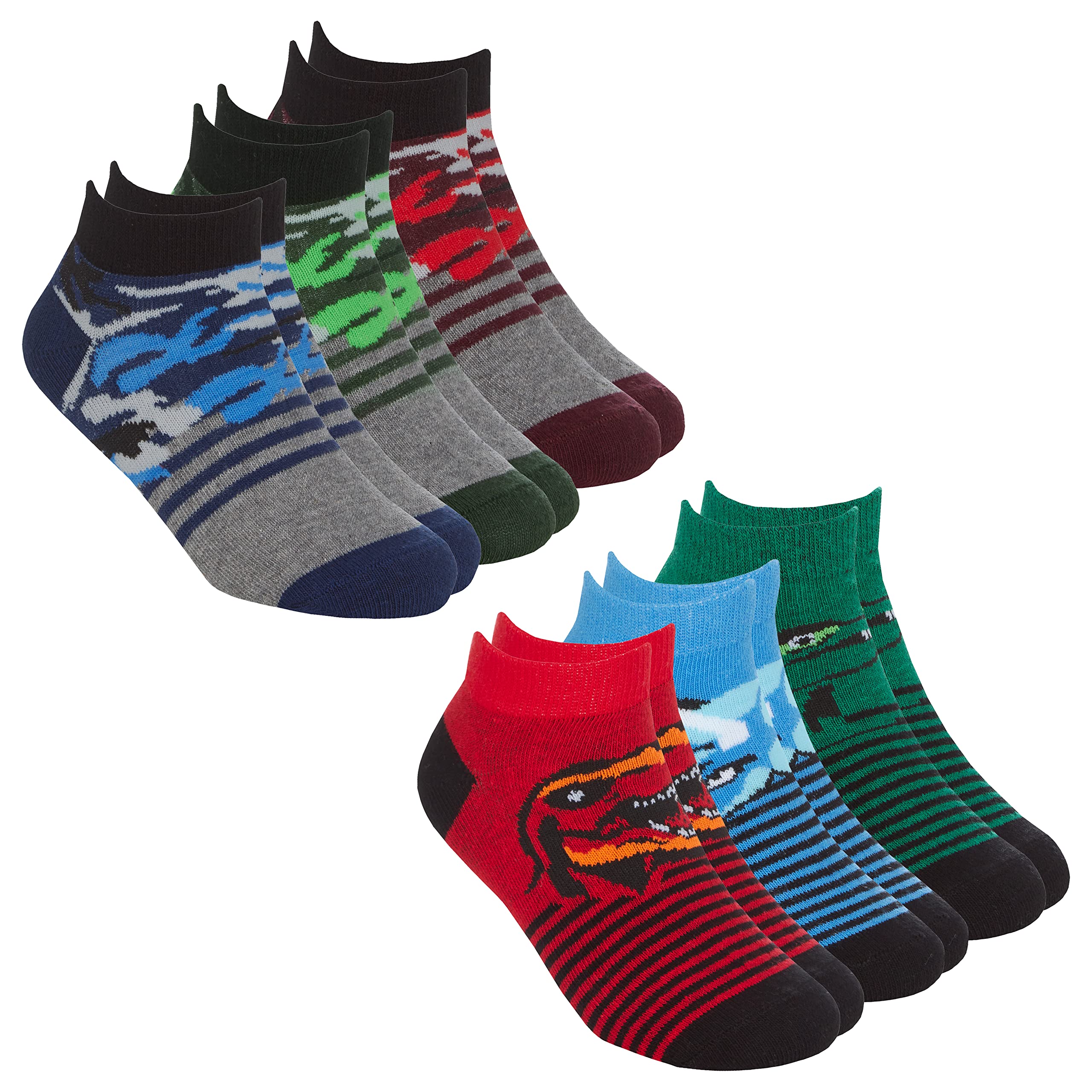Metzuyan Kids Boys Cotton Rich Socks Novelty Trainer Liner Low Cut Socks Dino Camo Designed 12.5-3.5