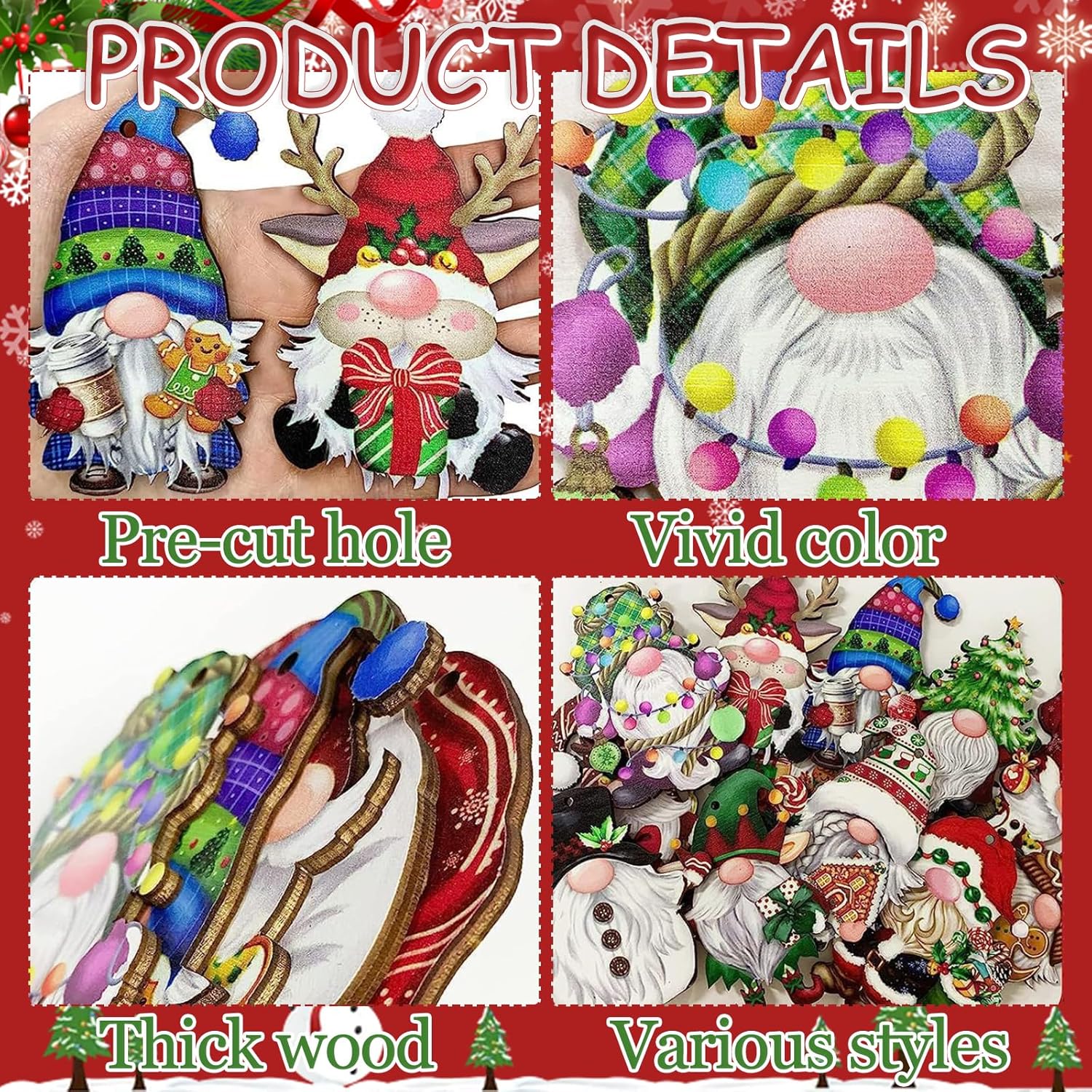 49 Pieces Christmas Wooden Ornaments, Christmas Decorations, Christmas Gnomes Pendant, Merry Christmas Bunting Banner, with Ropes, for Christmas Tree Decorations