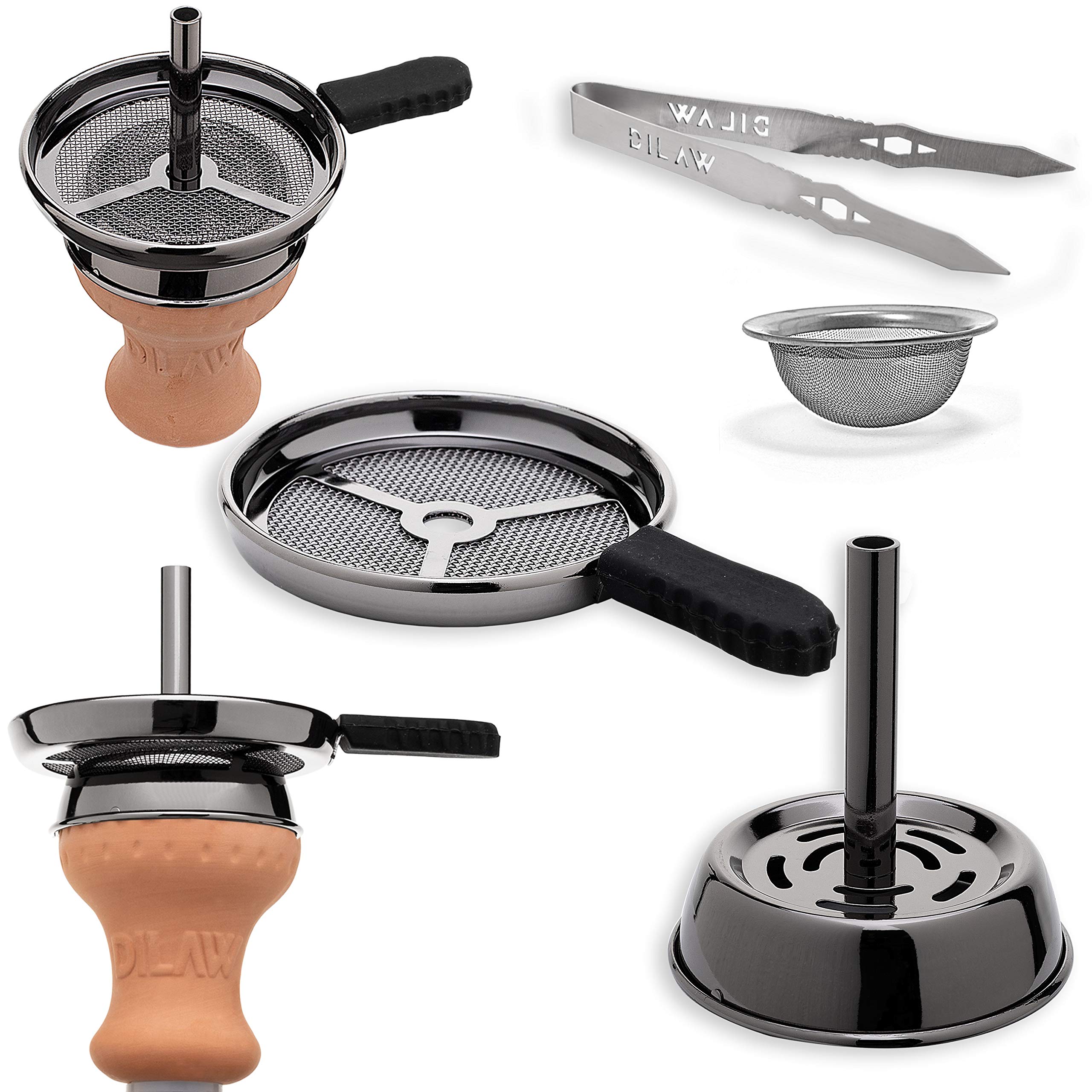 DILAW Szisza kompletny zestaw Smart to go, 38 cm, ze stali nierdzewnej, mini hookah z 4 przyłączami i 4 adapterami szklanymi, w zestawie z miską, głowicą i nasadką, wężem węglowym, ustnikiem