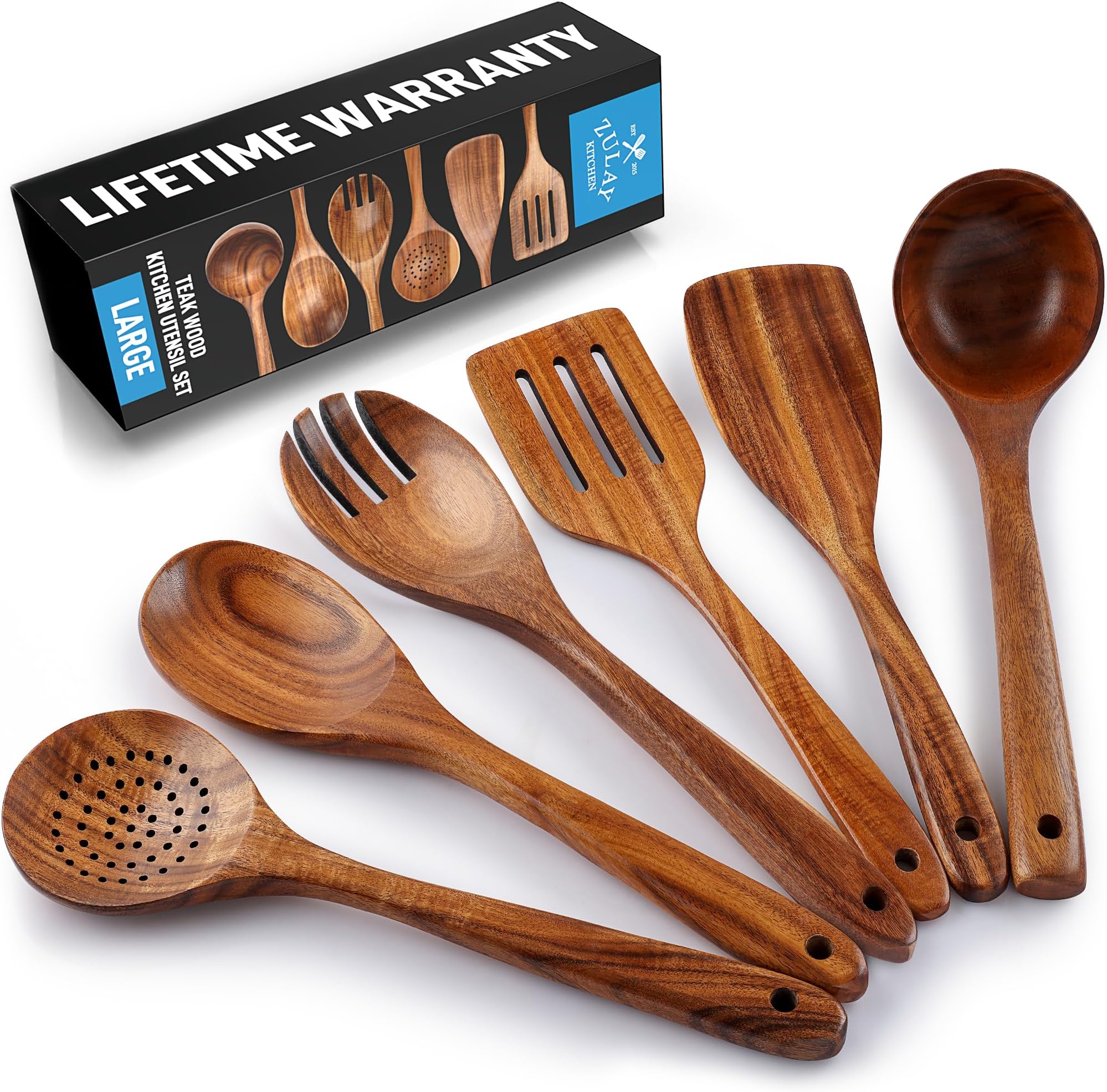 Zulay Kitchen Extra-Large 6-Piece Wooden Spoon Set for Cooking - Smooth Teak Wooden Utensils - Comfort-Grip Non-Stick Wooden Cooking Spoons - Large Wooden Turner, Spatula, Skimmer, Fork, Serving Spoon