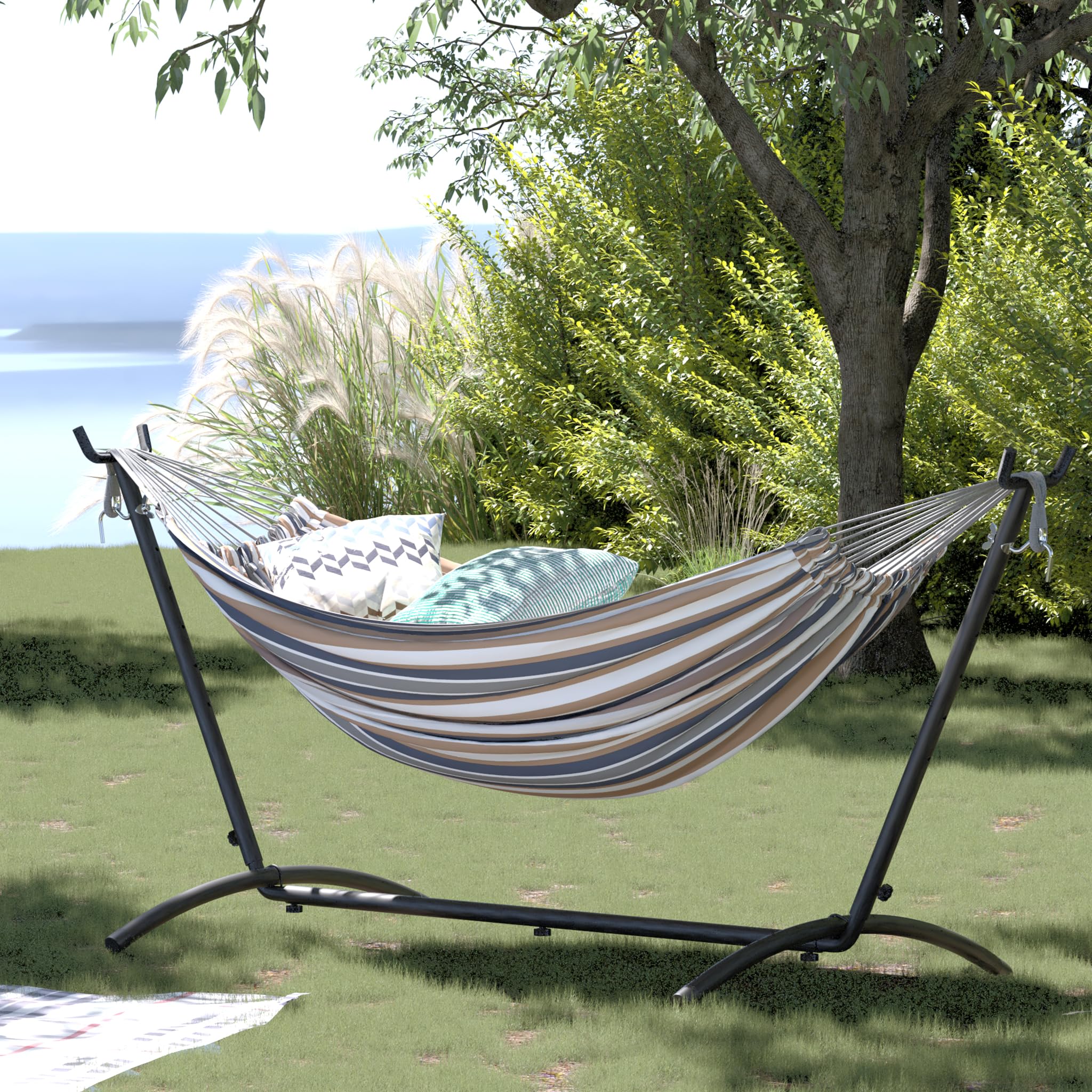 Mondeer Hamaca con Soporte, Hamaca de Camping al Aire Libre, Jardín, Hamaca de Tela Individual con Marco de Metal con Bolsa de Transporte Portátil y Accesorios, Carga de 200 Kg