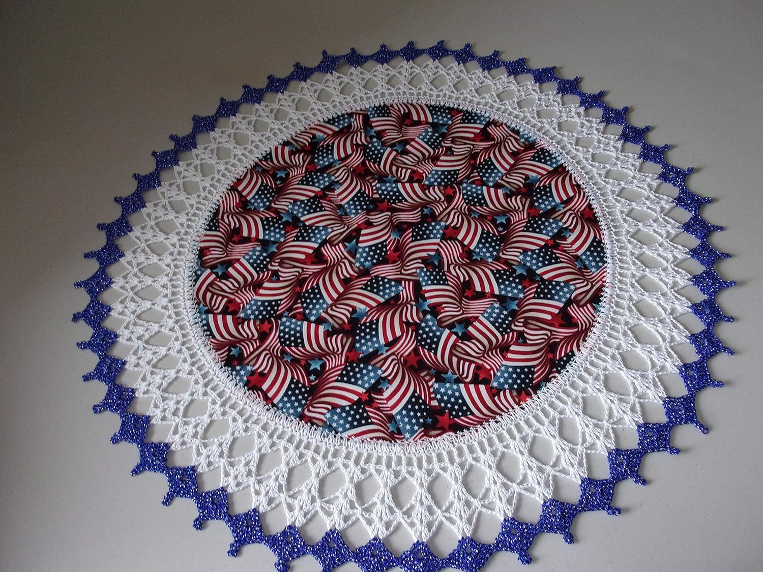 Patriotic Doily Flags Red and Blue Stars 4th of July Table Topper Round Lace Table Decoration Fabric Center Doily Crocheted Edge 20 Inches Centerpiece